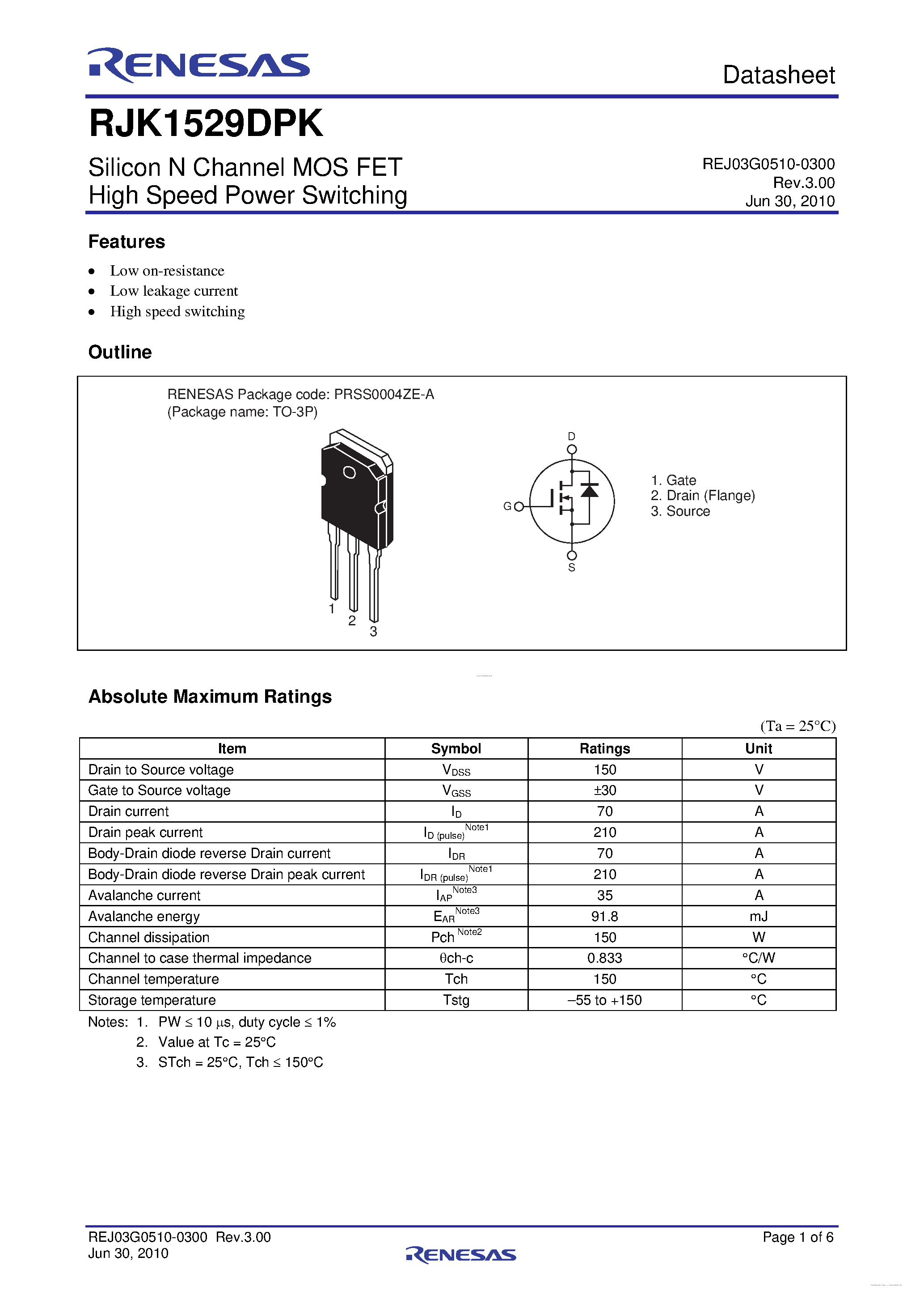 Datasheet RJK1529DPK - N-Channel Power MOSFET page 1