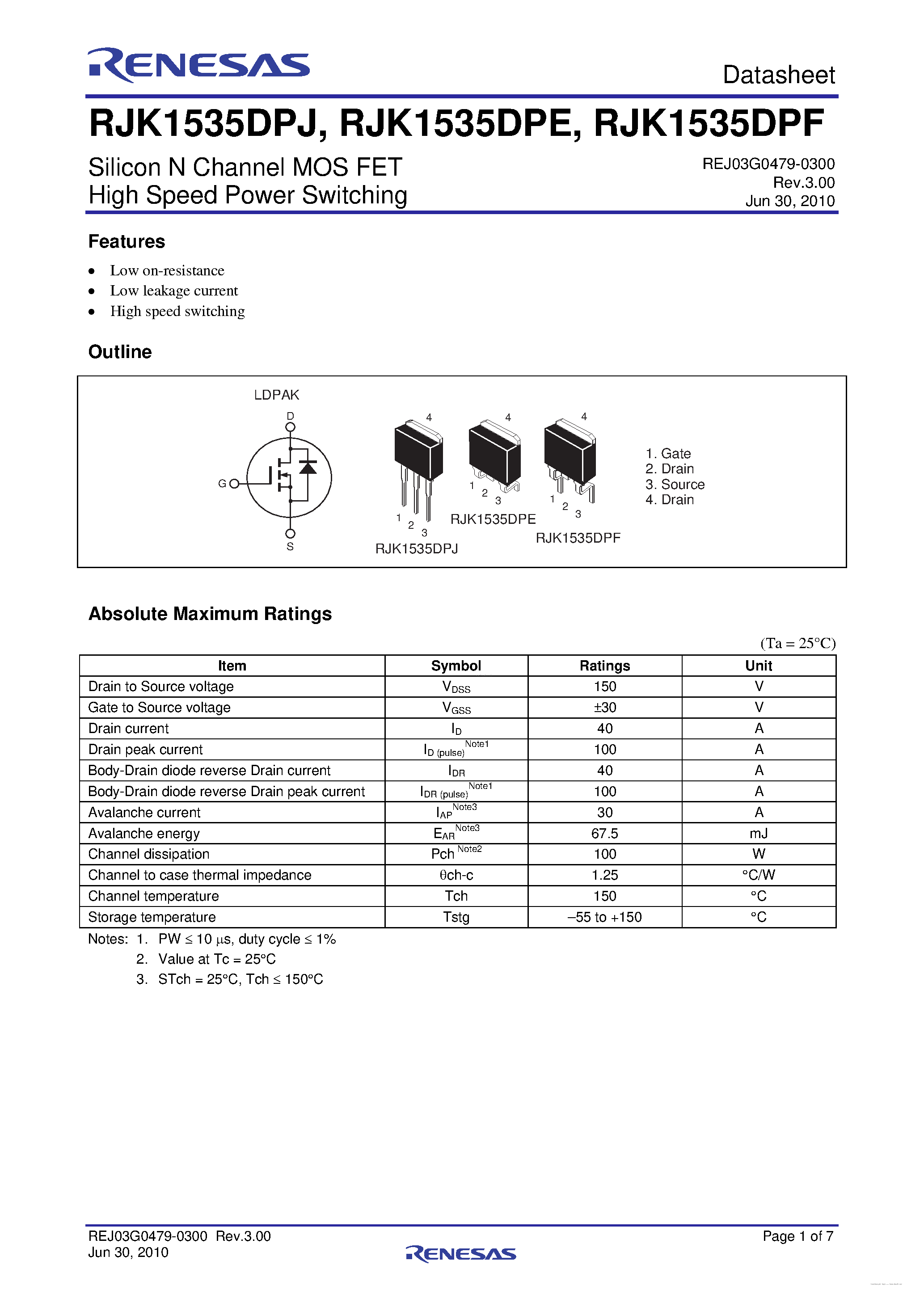 Datasheet RJK1535DPE - N-Channel Power MOSFET page 1