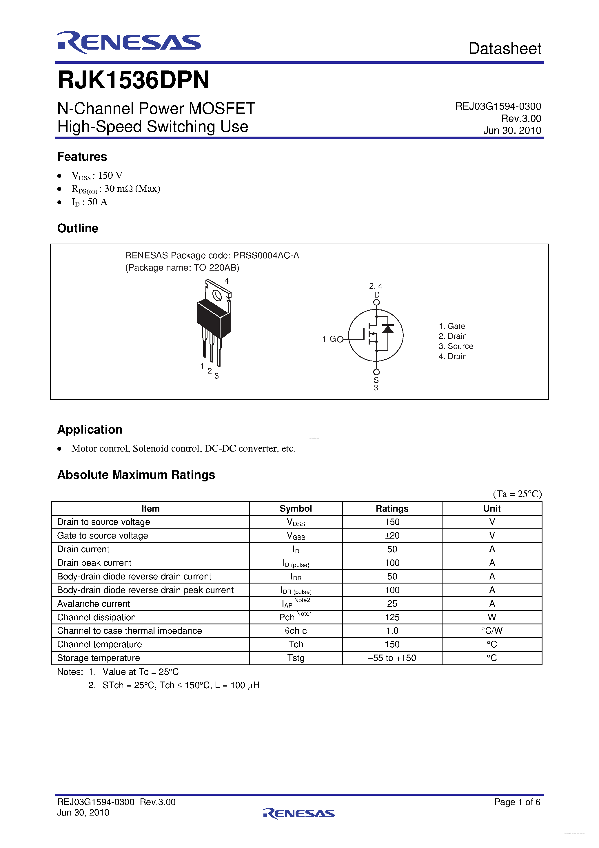 Datasheet RJK1536DPN page 1 Datasheet RJK1536DPN - N-Channel Power MOSFET page 1