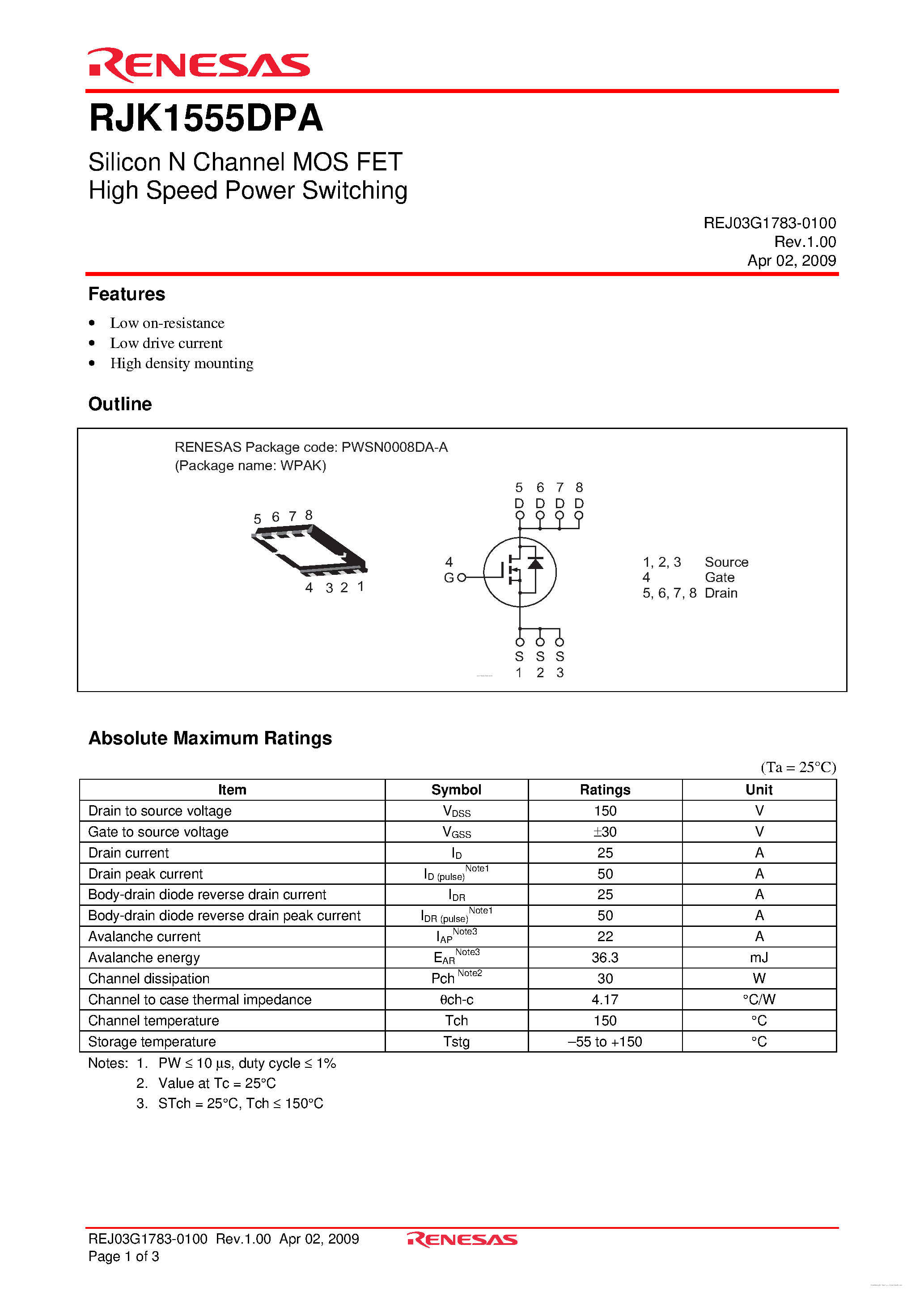 Datasheet RJK1555DPA - N-Channel Power MOSFET page 1