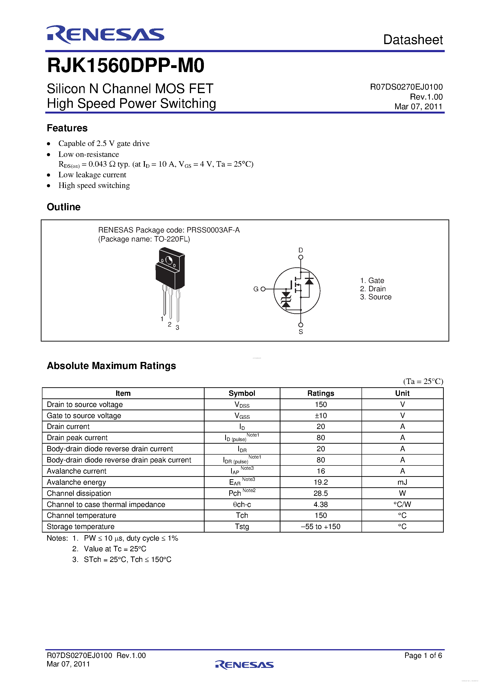 Datasheet RJK1560DPP-M0 page 1 Datasheet RJK1560DPP-M0 - N-Channel Power MOSFET page 1