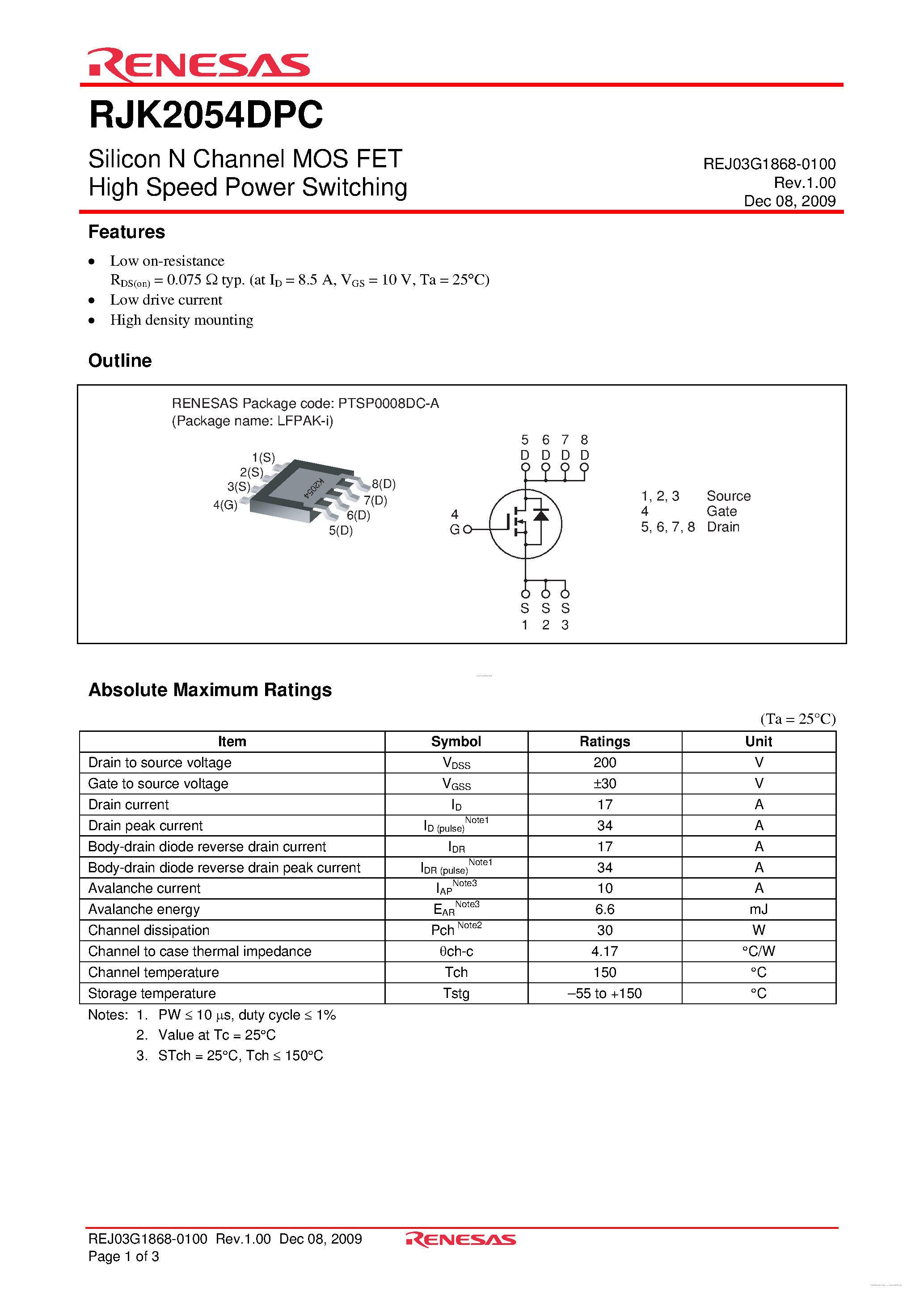 Даташит на микросхему RJK2054DPC страница 1 Даташит RJK2054DPC - N-Channel Power MOSFET страница 1