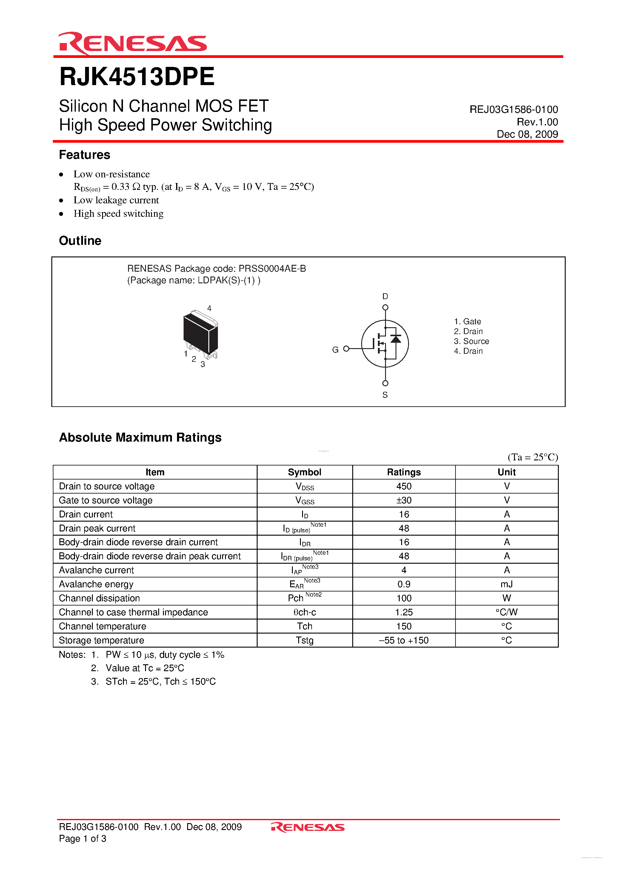Datasheet RJK4513DPE page 1 Datasheet RJK4513DPE - N-Channel Power MOSFET page 1