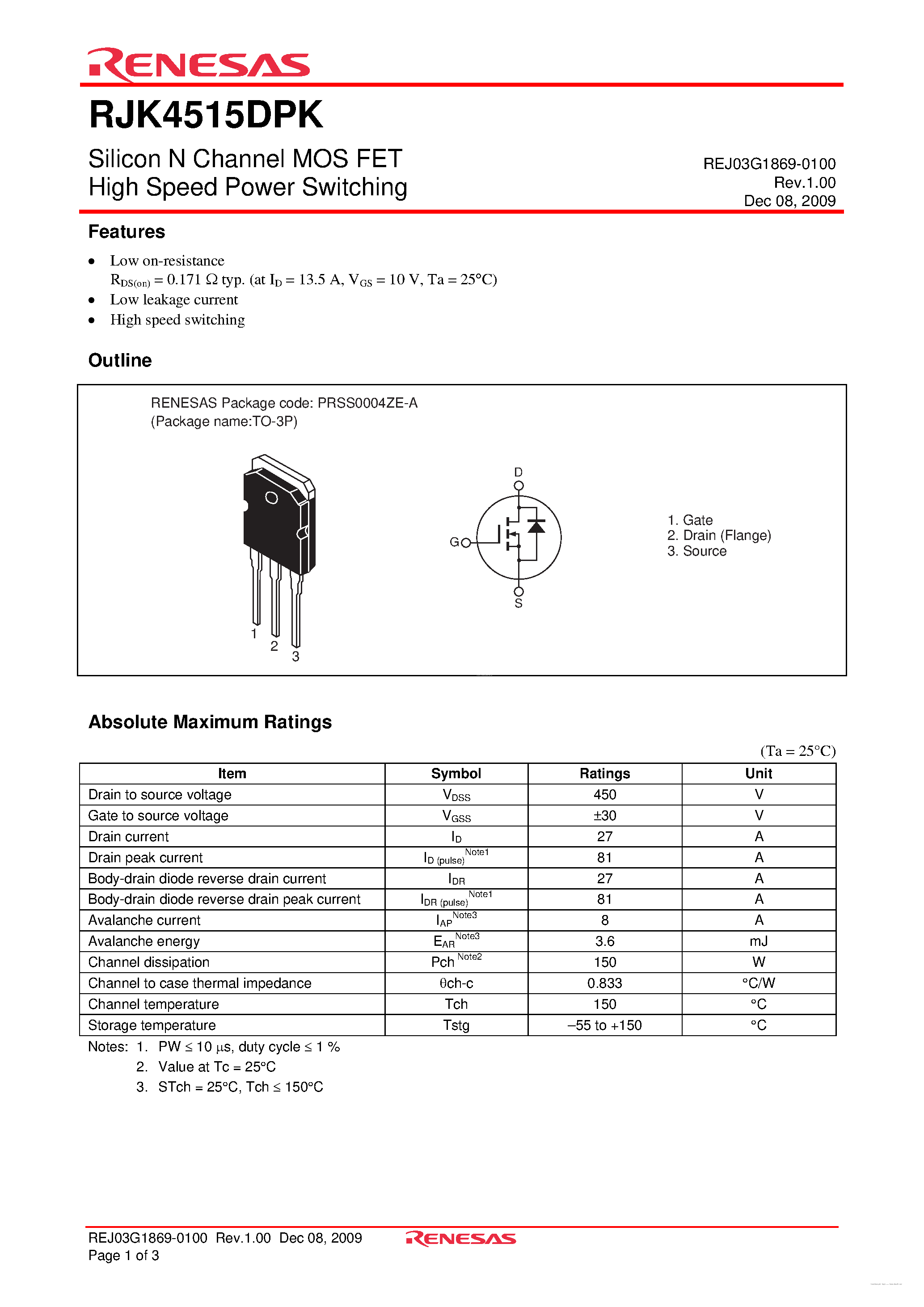 Datasheet RJK4515DPK - N-Channel Power MOSFET page 1