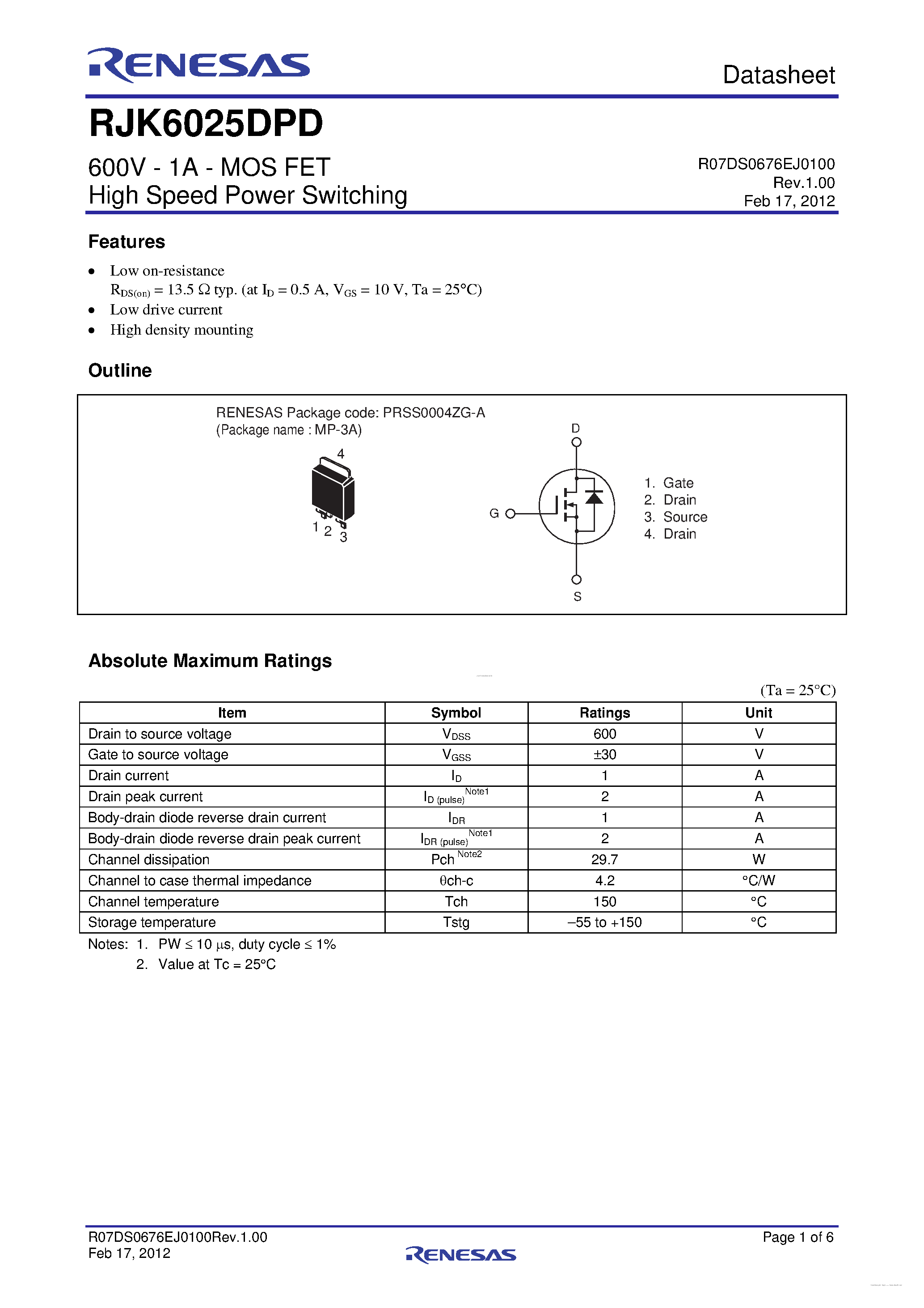 Datasheet RJK6025DPD - N-Channel Power MOSFET page 1