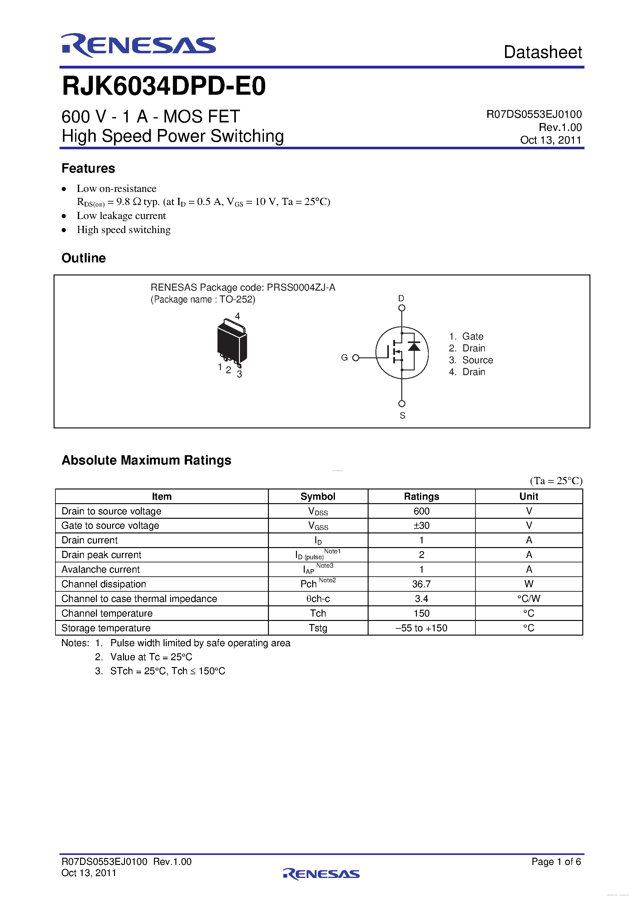 Datasheet RJK6034DPD-E0 page 1 Datasheet RJK6034DPD-E0 - N-Channel Power MOSFET page 1