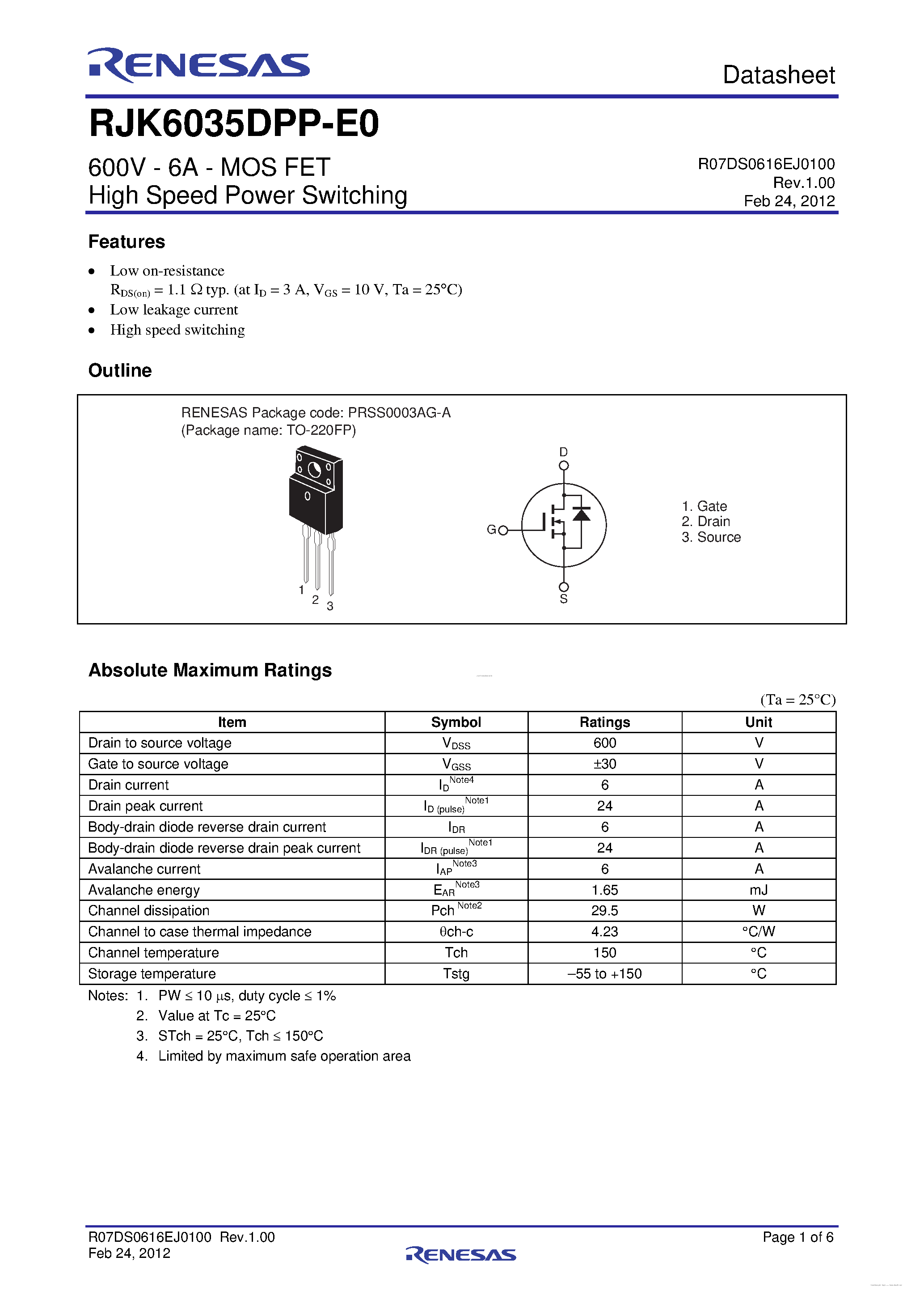Datasheet RJK6035DPP-E0 - N-Channel Power MOSFET page 1