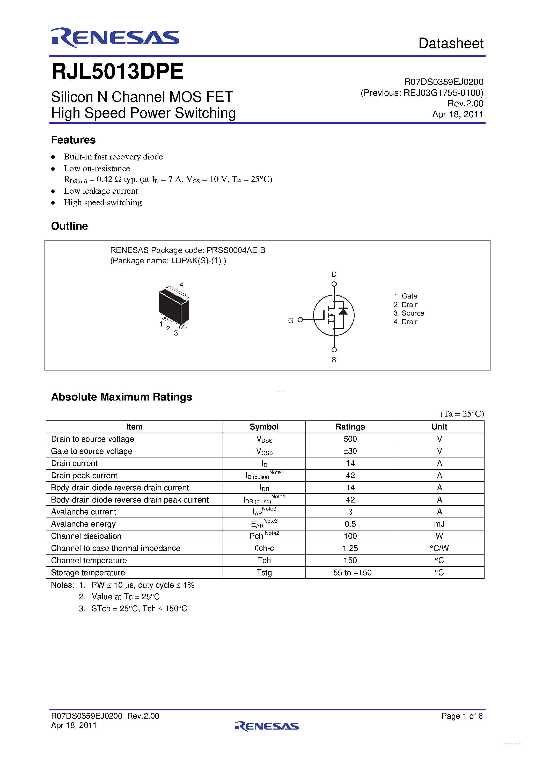 Datasheet RJL5013DPE page 1 Datasheet RJL5013DPE - N-Channel Power MOSFET page 1