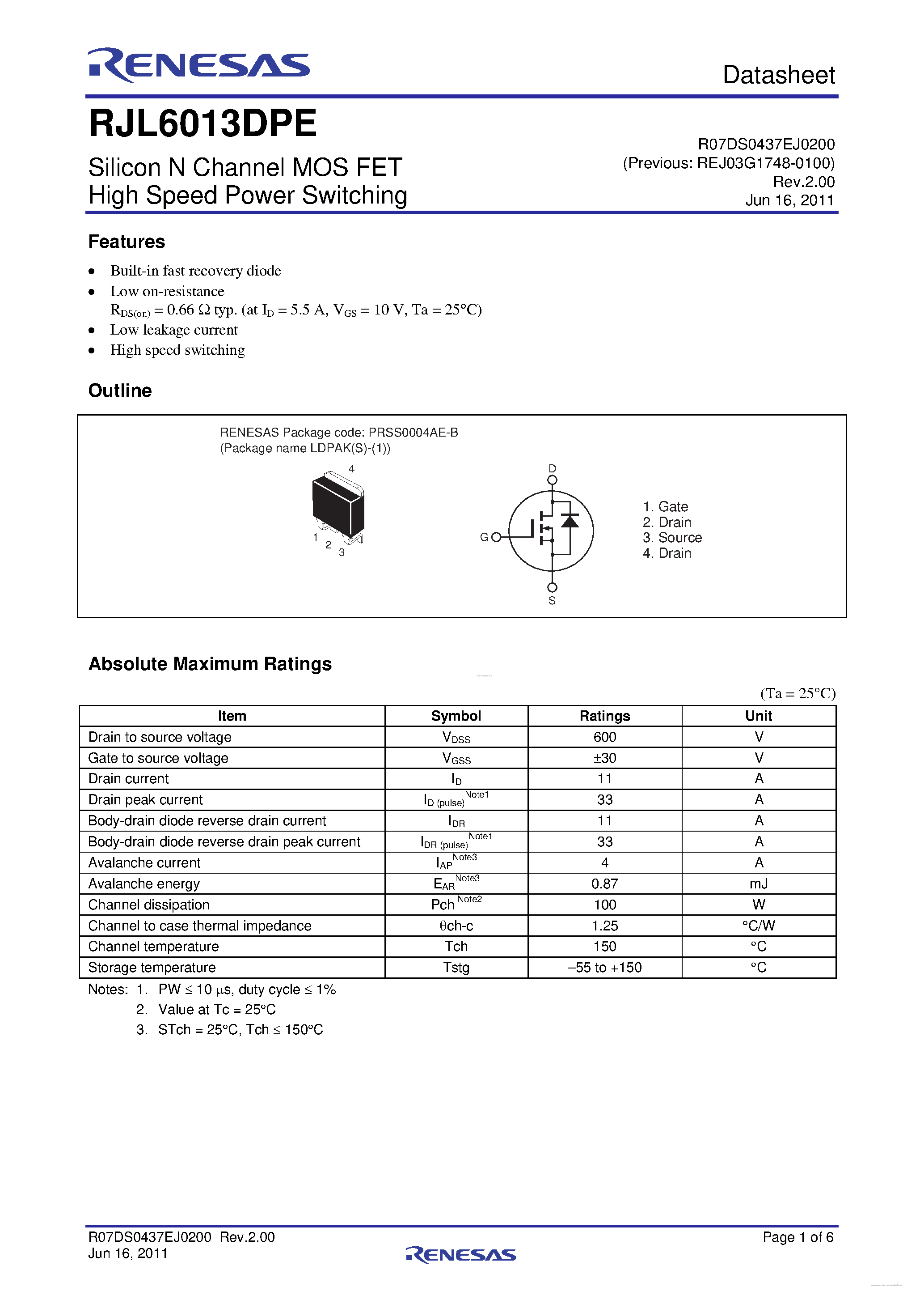 Datasheet RJL6013DPE - N-Channel Power MOSFET page 1