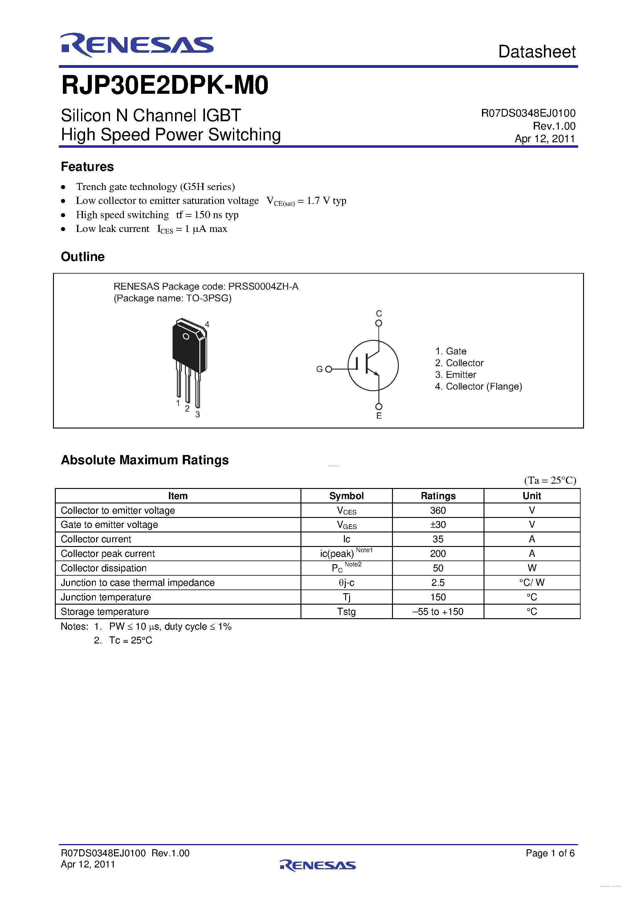 Datasheet RJP30E2DPK-M0 - N-Channel Power MOSFET page 1