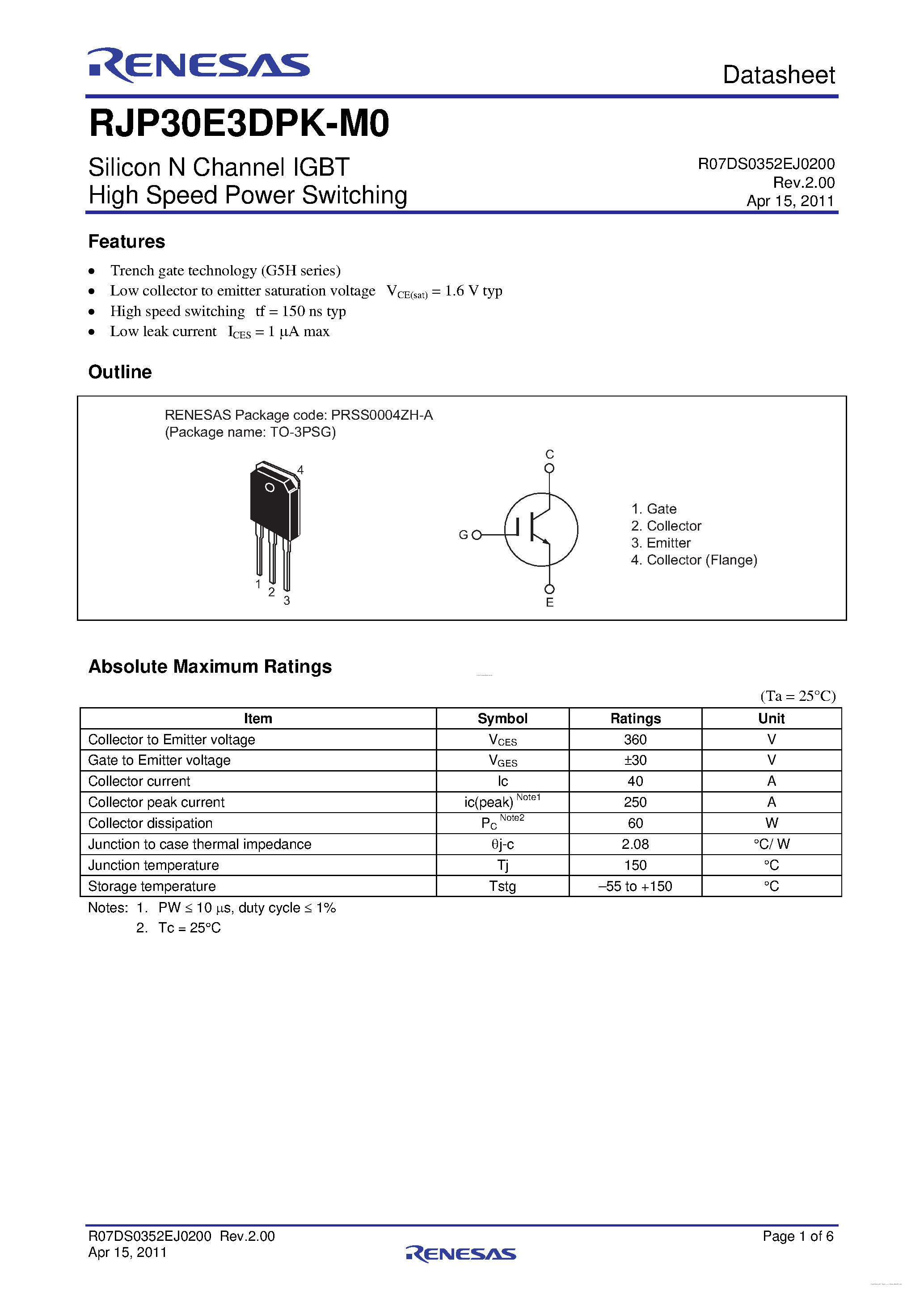 Datasheet RJP30E3DPK-M0 - N-Channel Power MOSFET page 1