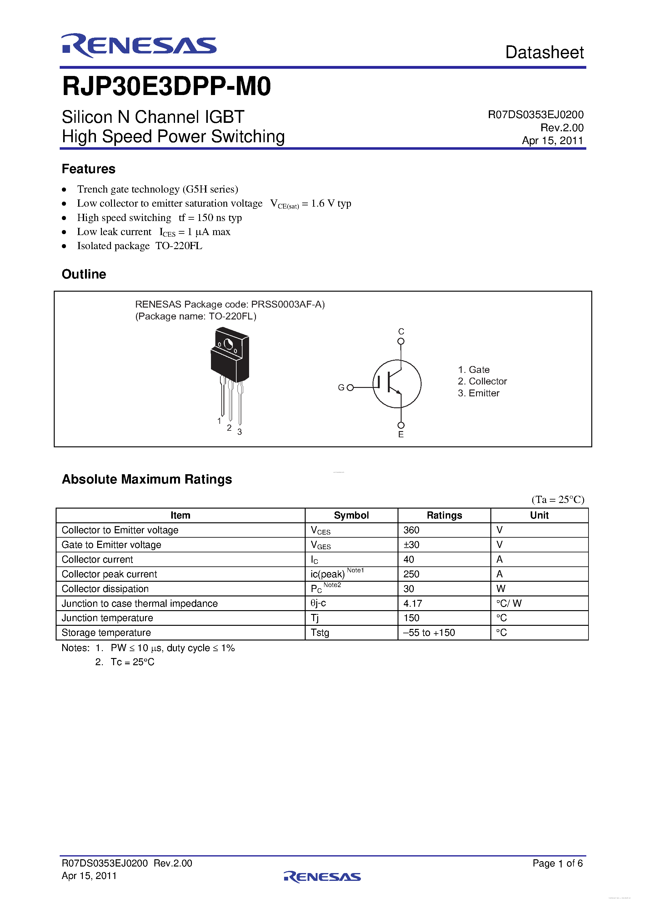 Datasheet RJP30E3DPP-M0 page 1 Datasheet RJP30E3DPP-M0 - N-Channel Power MOSFET page 1