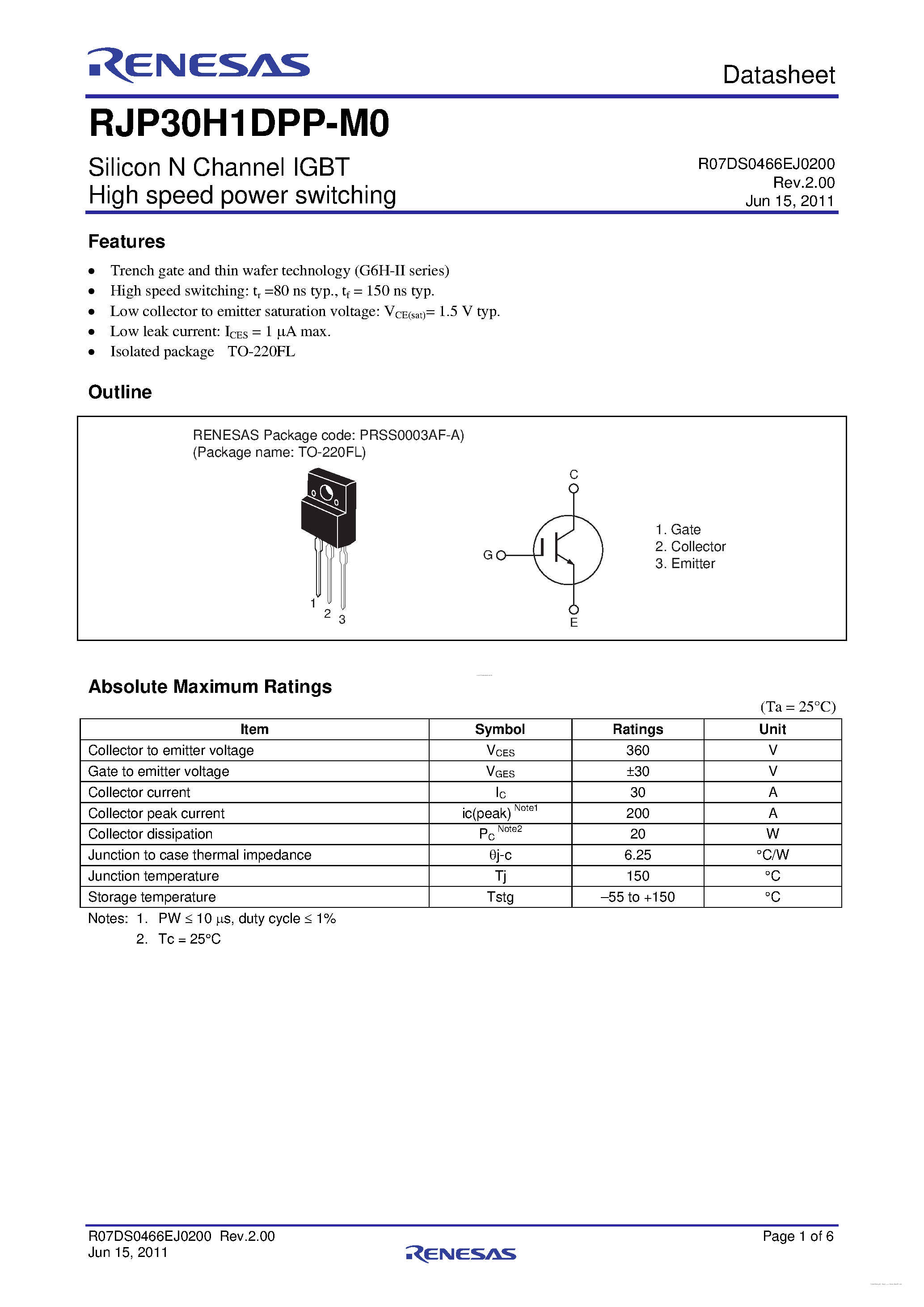Datasheet RJP30H1DPP-M0 - N-Channel Power MOSFET page 1