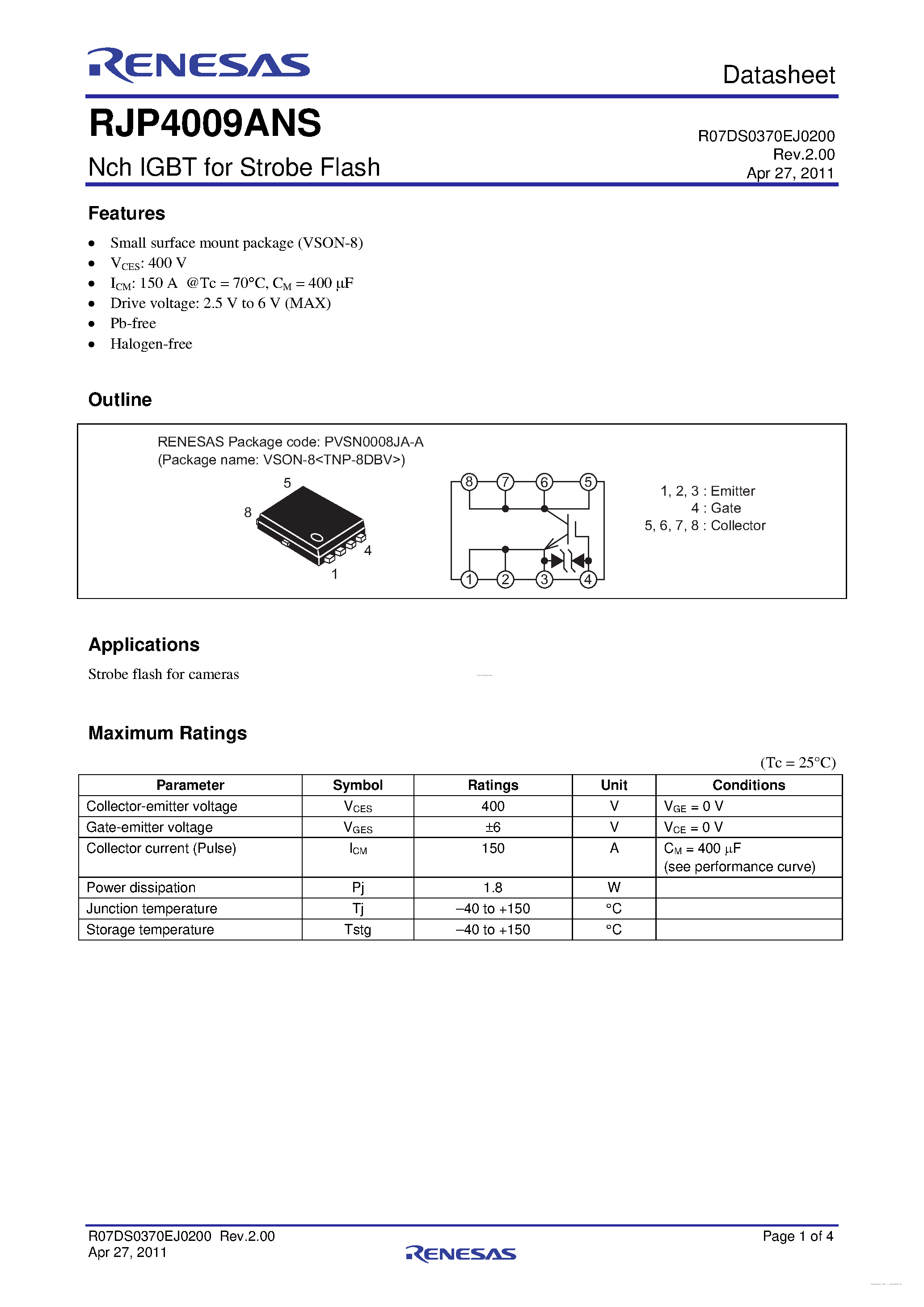 Даташит на микросхему RJP4009ANS страница 1 Даташит RJP4009ANS - N-Channel Power MOSFET страница 1