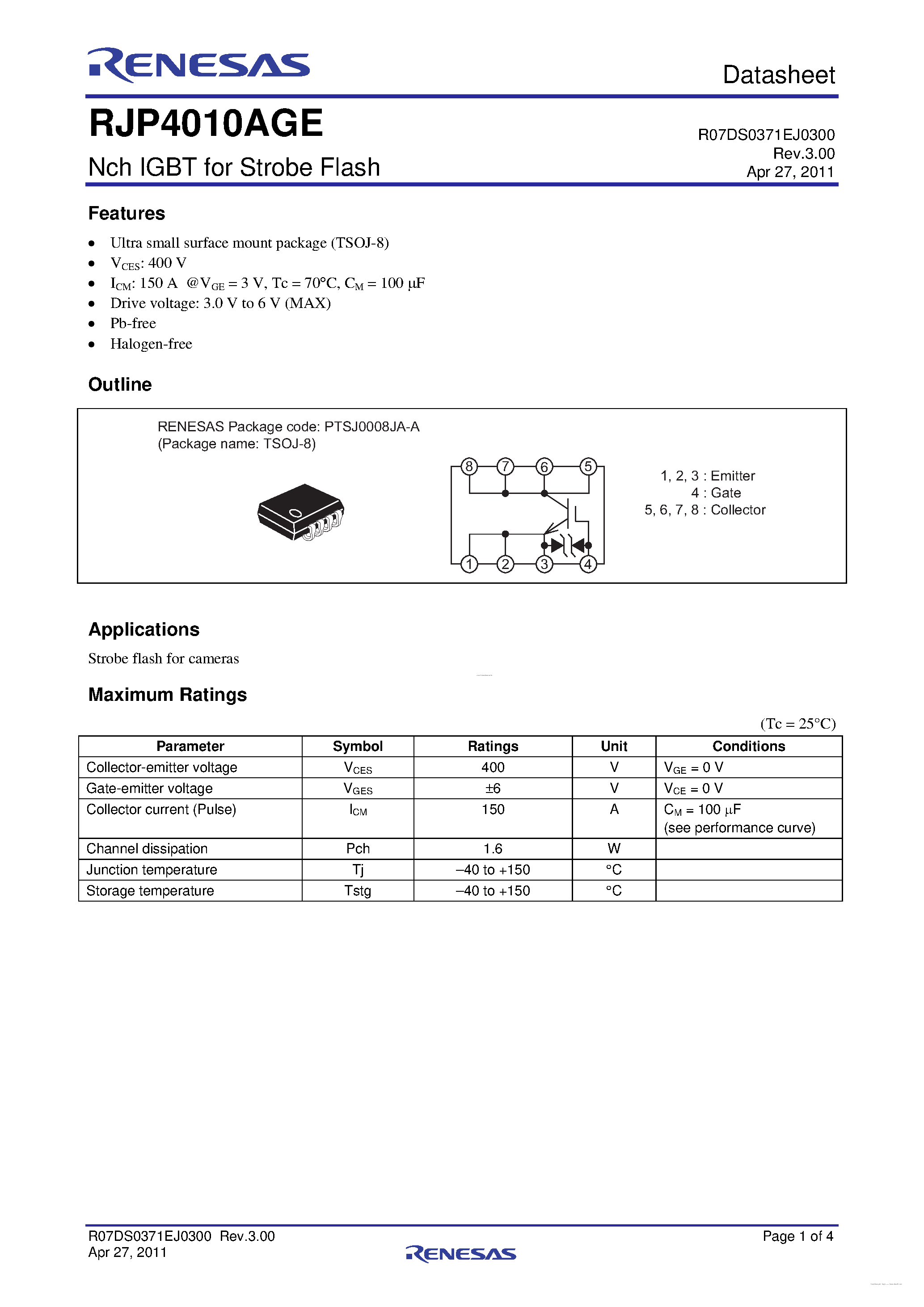 Datasheet RJP4010AGE - N-Channel Power MOSFET page 1