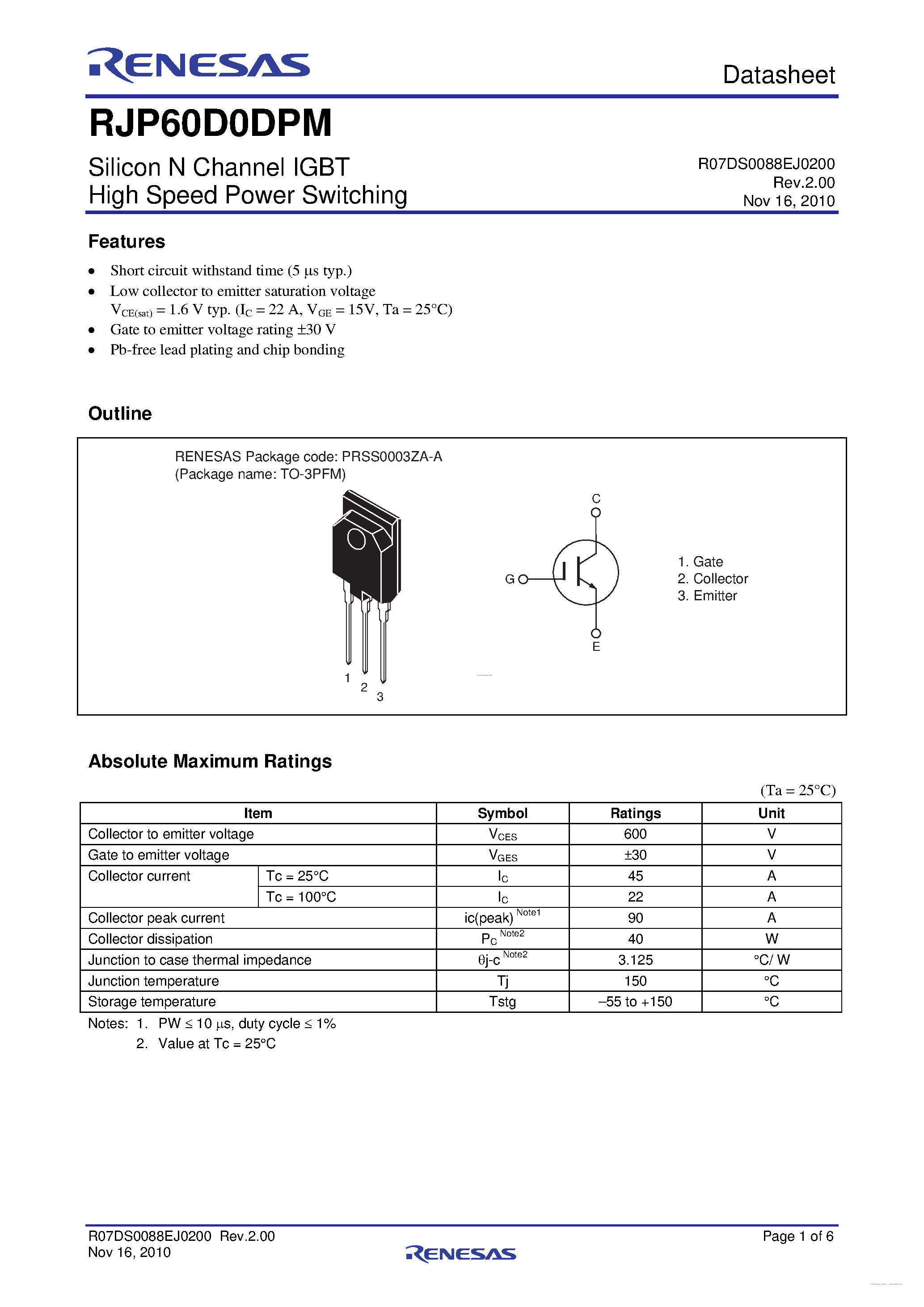 Datasheet RJP60D0DPM - N-Channel IGBT page 1