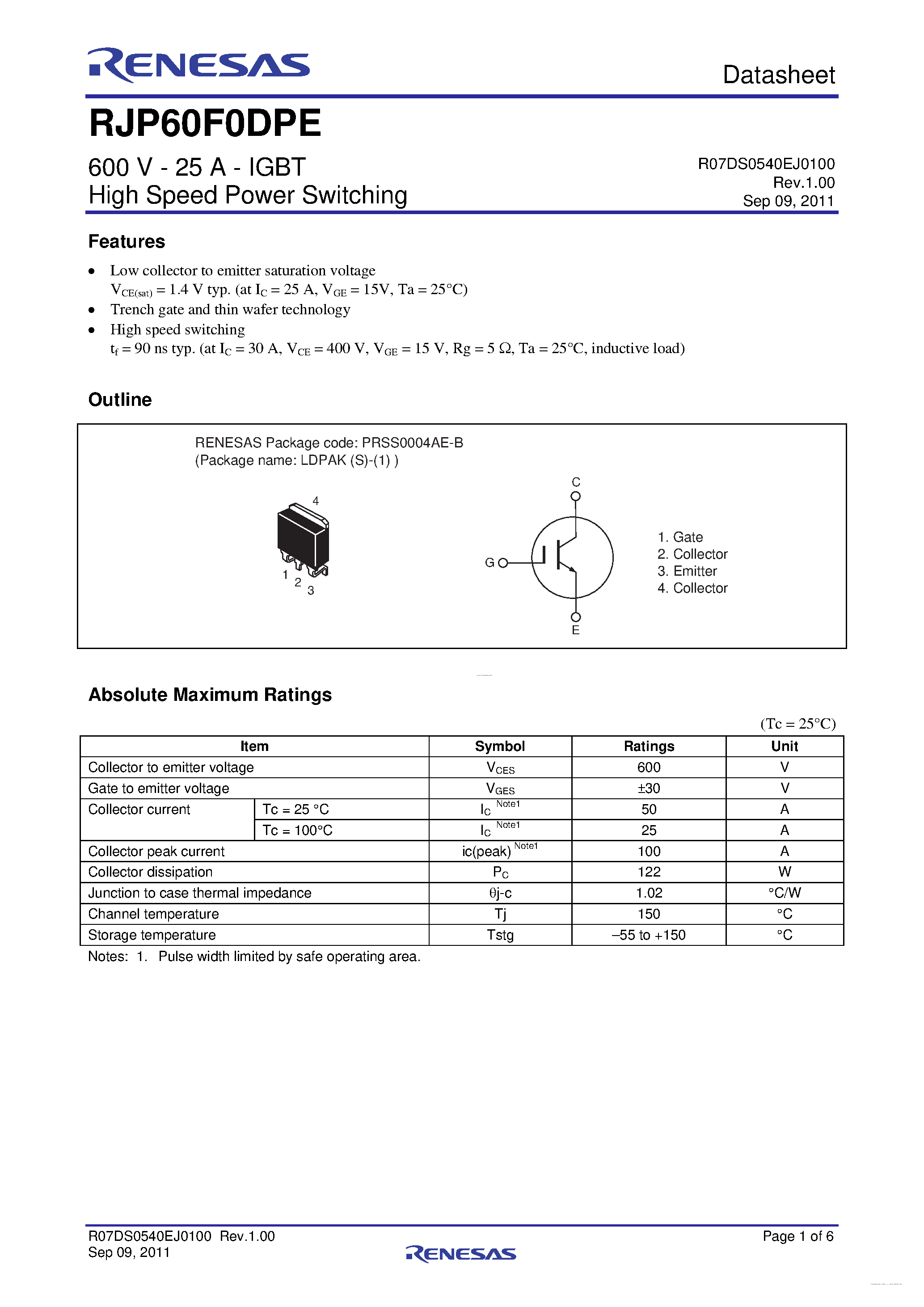 Datasheet RJP60F0DPE - N-Channel IGBT page 1