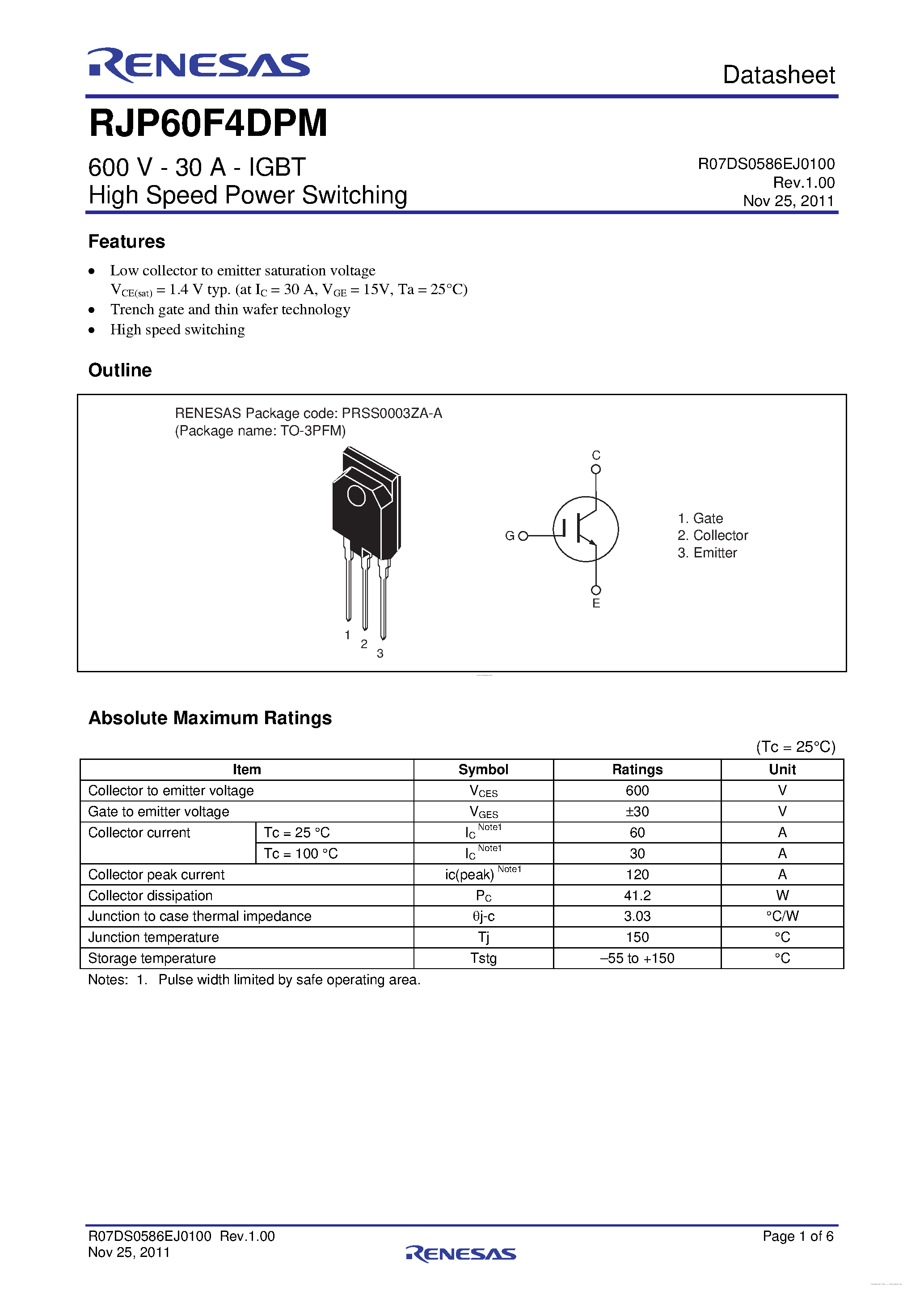 Datasheet RJP60F4DPM - N-Channel IGBT page 1