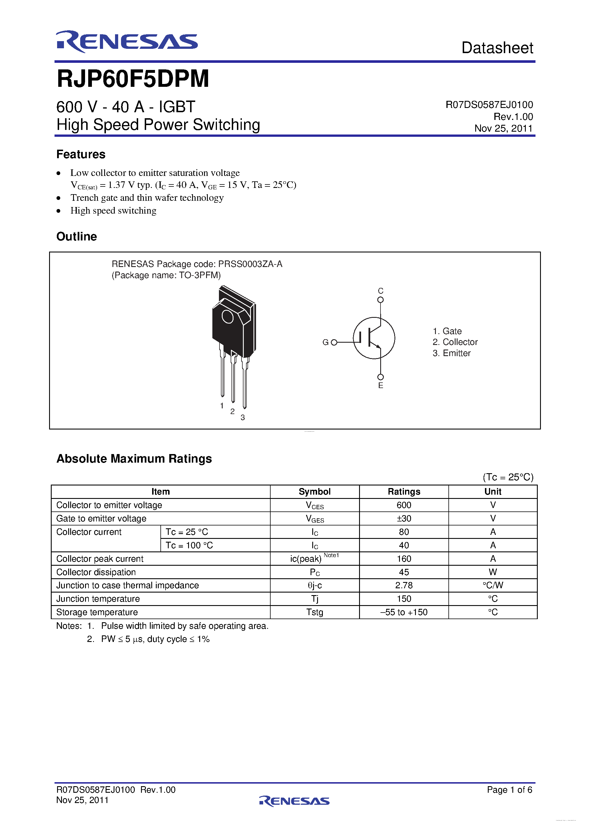 Datasheet RJP60F5DPM - N-Channel IGBT page 1