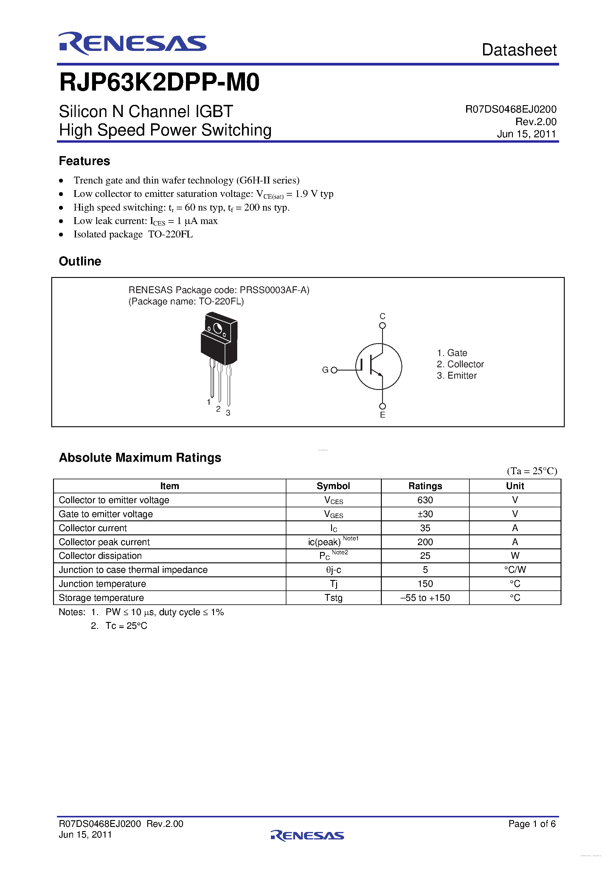 Datasheet RJP63K2DPP-M0 - N-Channel IGBT page 1