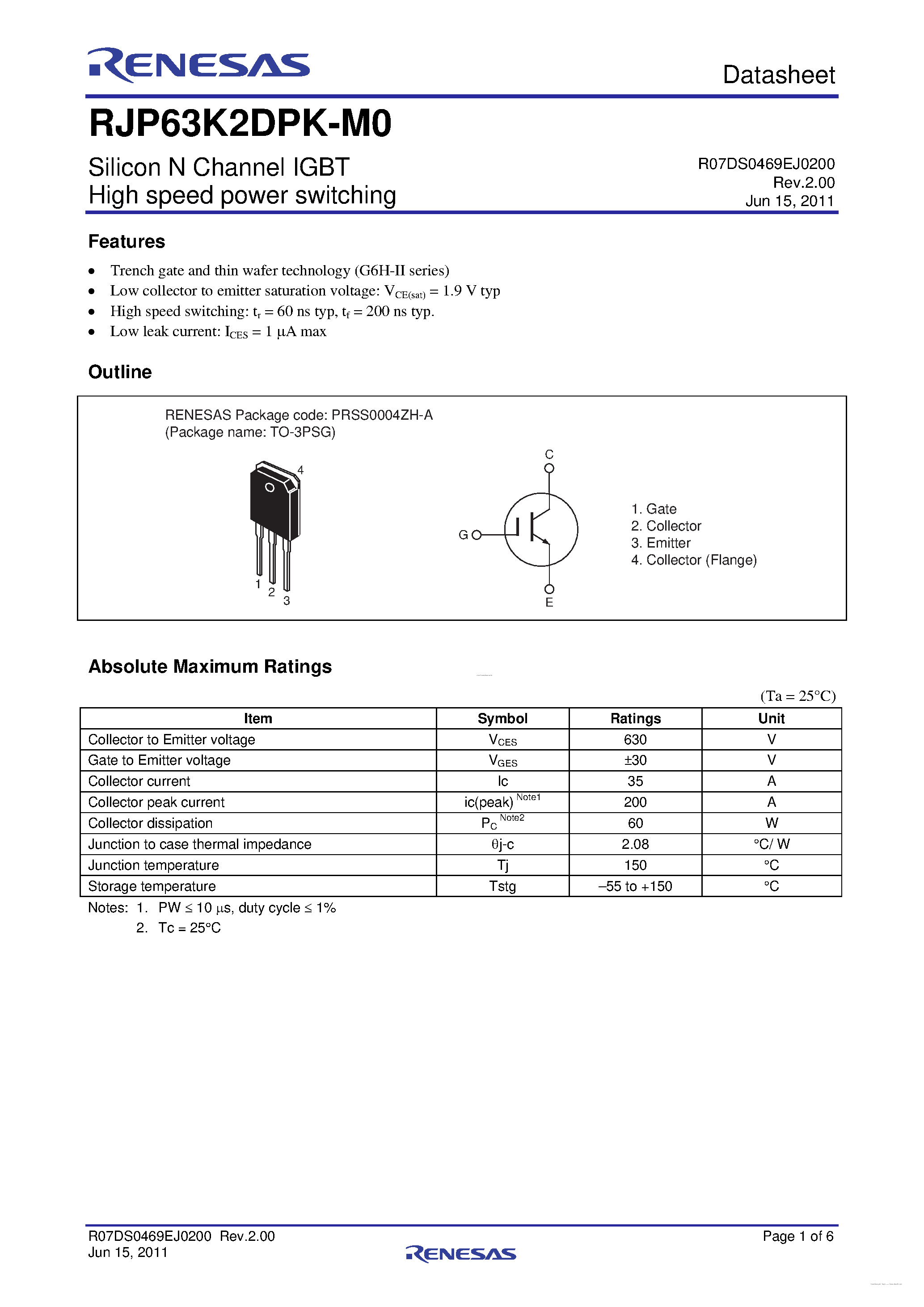 Datasheet RJP63K2DPK-M0 - N-Channel IGBT page 1