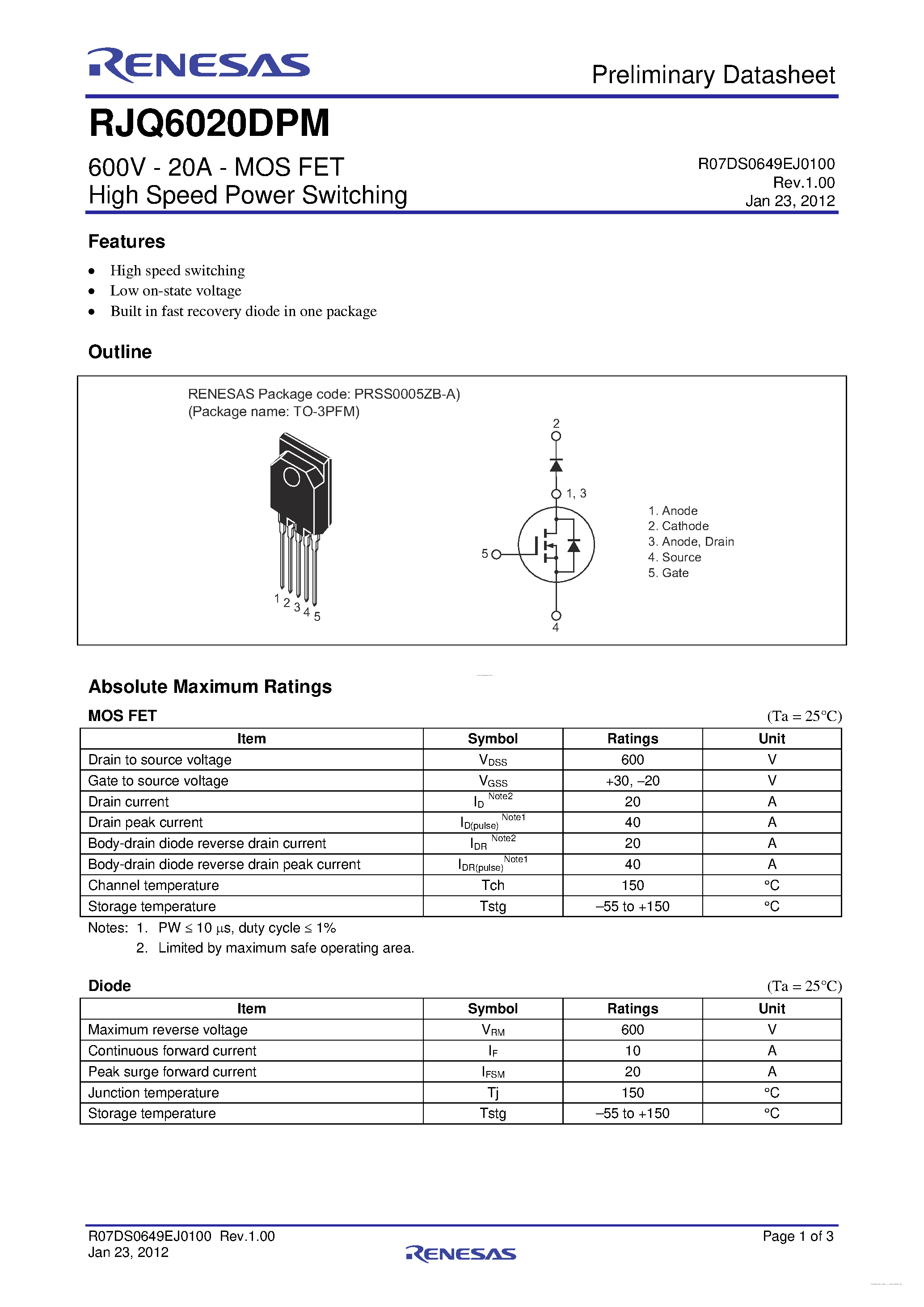 Datasheet RJQ6020DPM - N-Channel MOS FET page 1