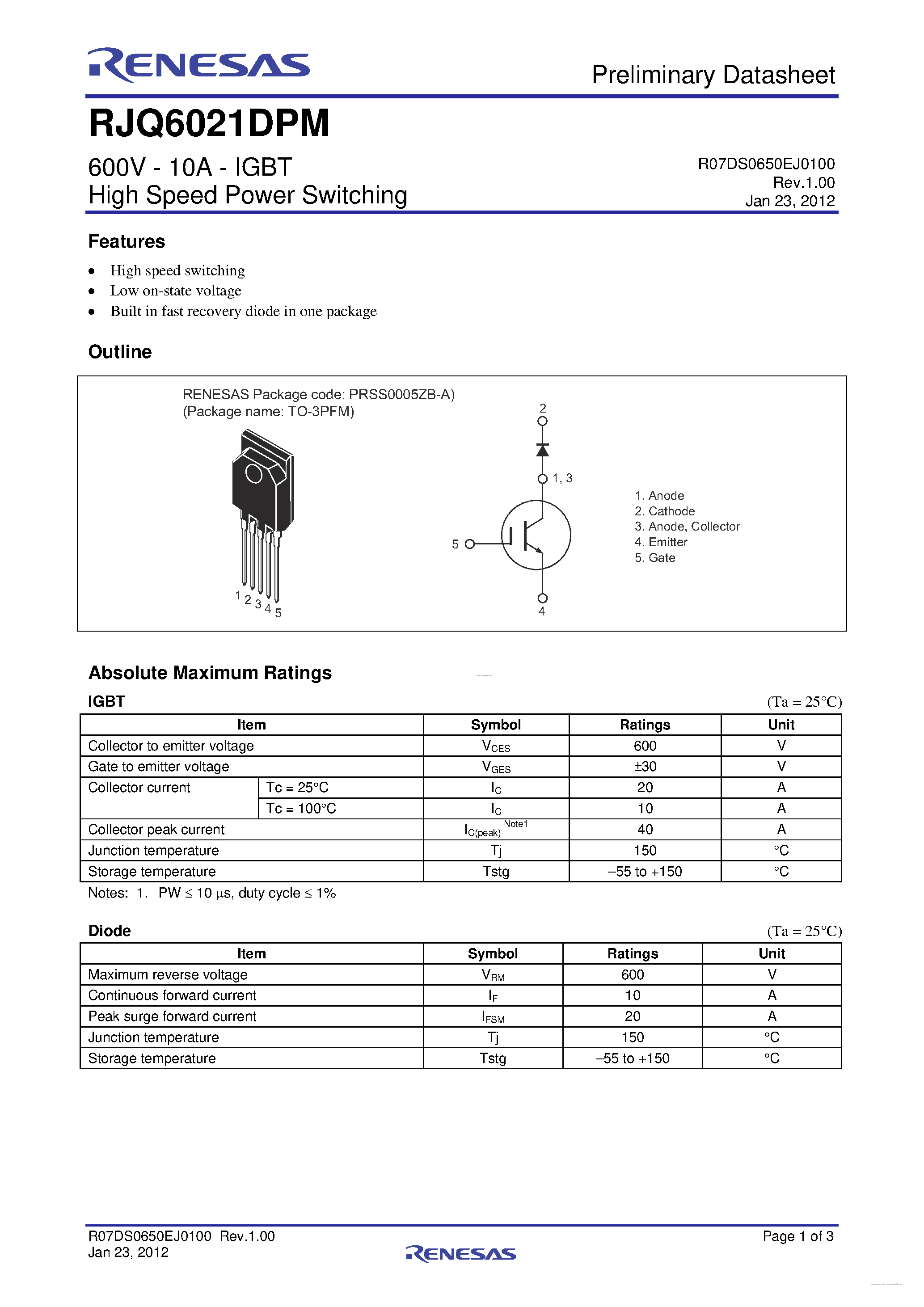 Datasheet RJQ6021DPM - N-Channel IGBT page 1
