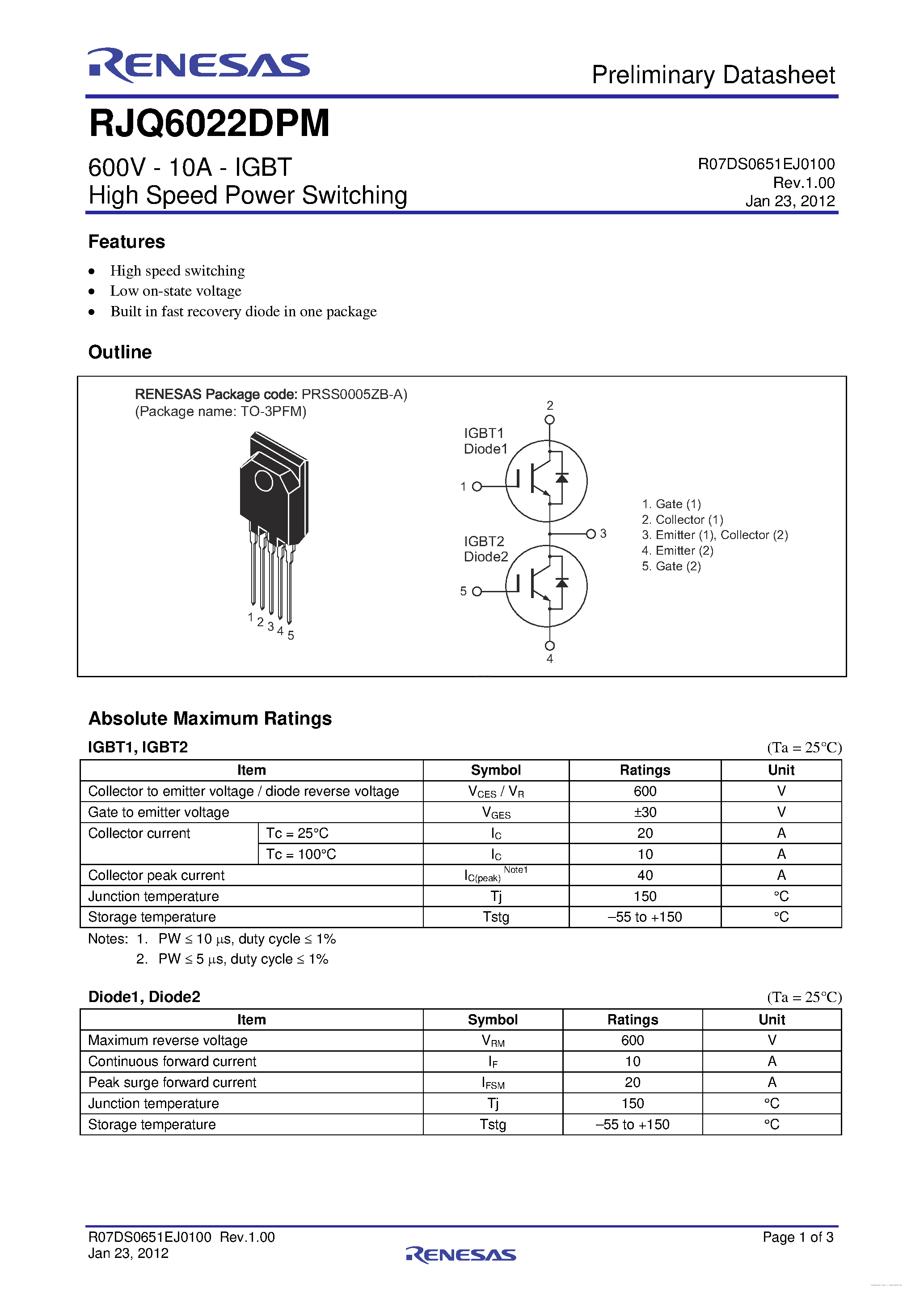 Datasheet RJQ6022DPM - N-Channel IGBT page 1