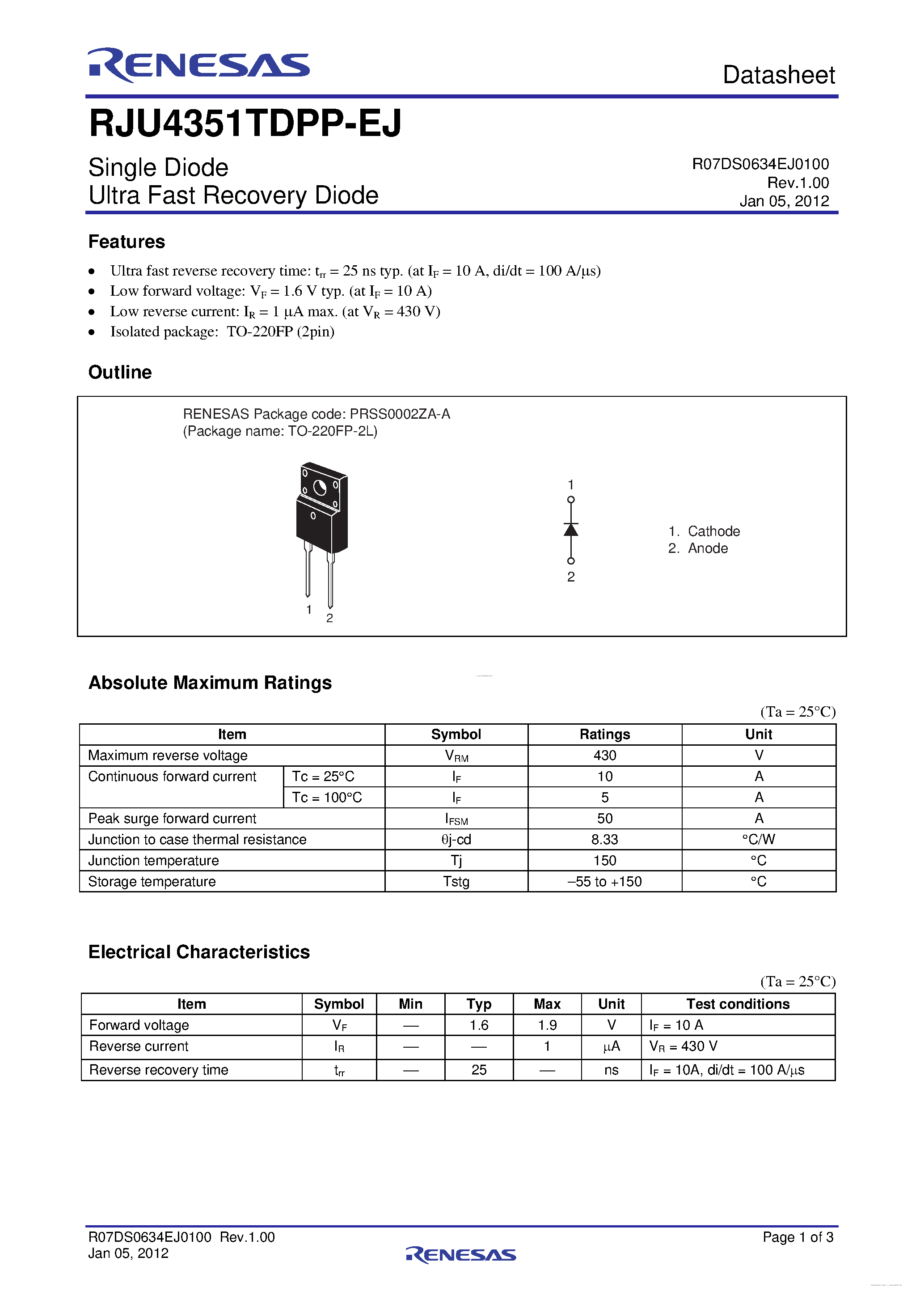 Datasheet RJU4351TDPP-EJ - Single Diode Ultra Fast Recovery Diode page 1