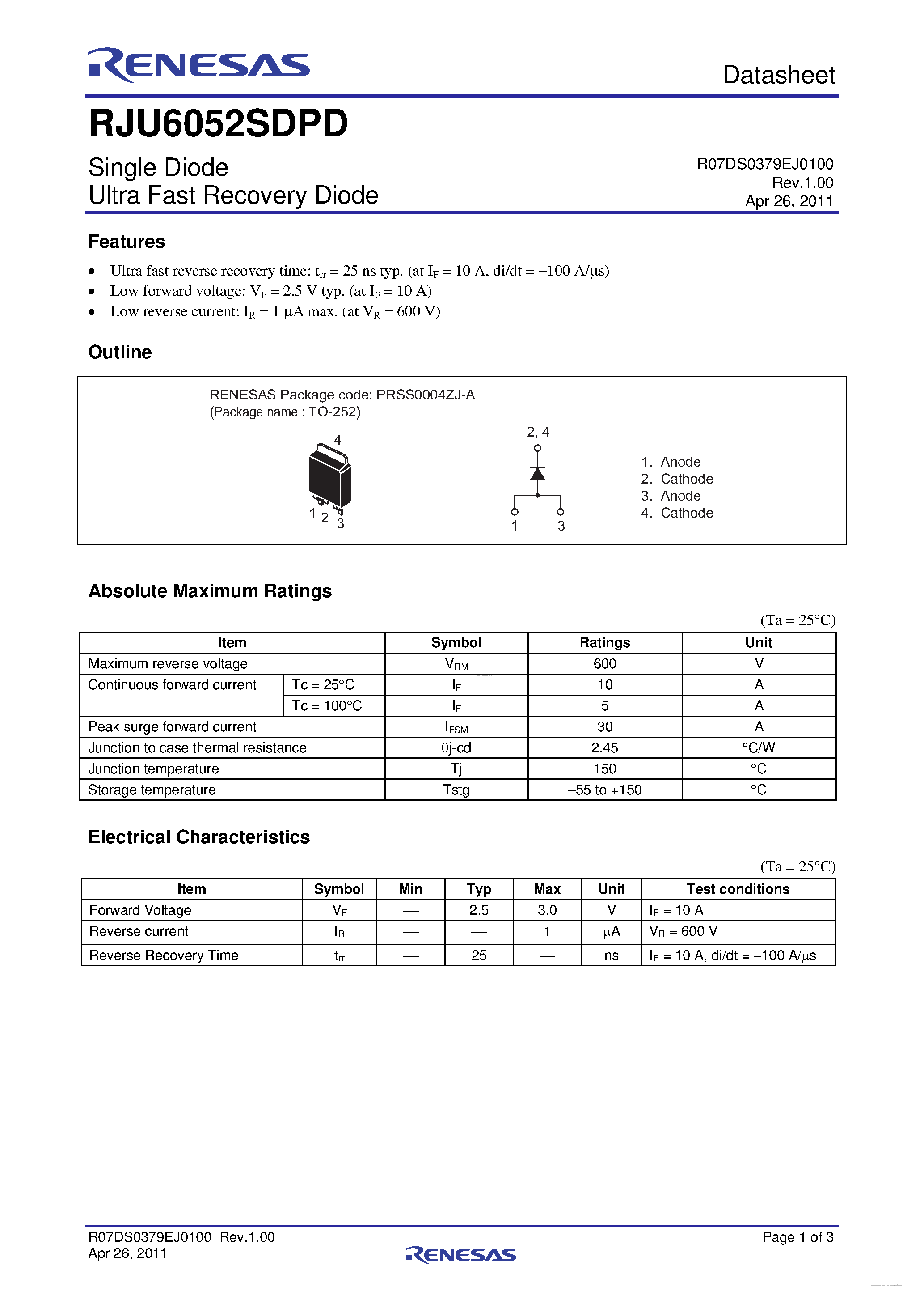 Datasheet RJU6052SDPD - Single Diode Ultra Fast Recovery Diode page 1
