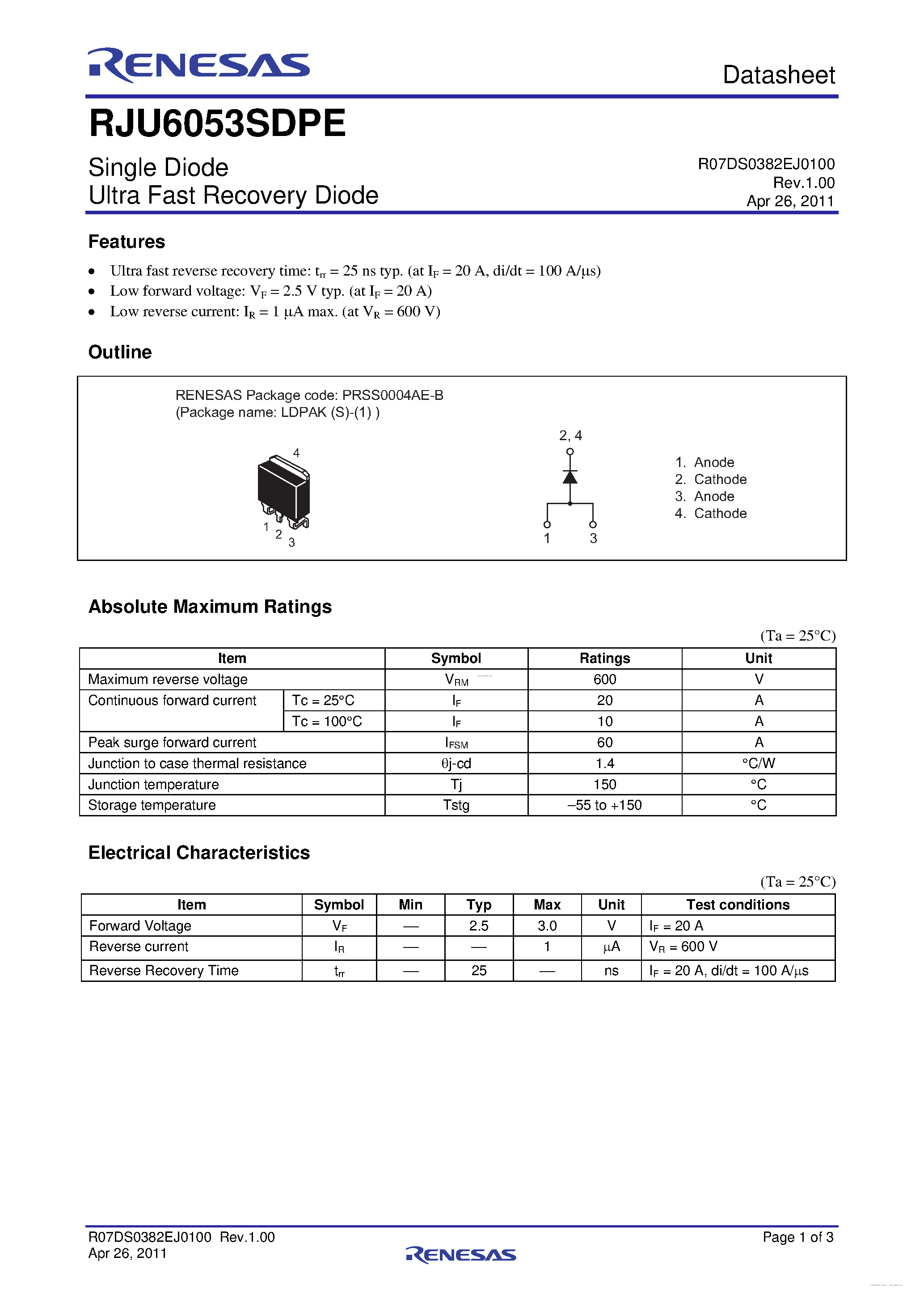 Datasheet RJU6053SDPE page 1 Datasheet RJU6053SDPE - Single Diode Ultra Fast Recovery Diode page 1
