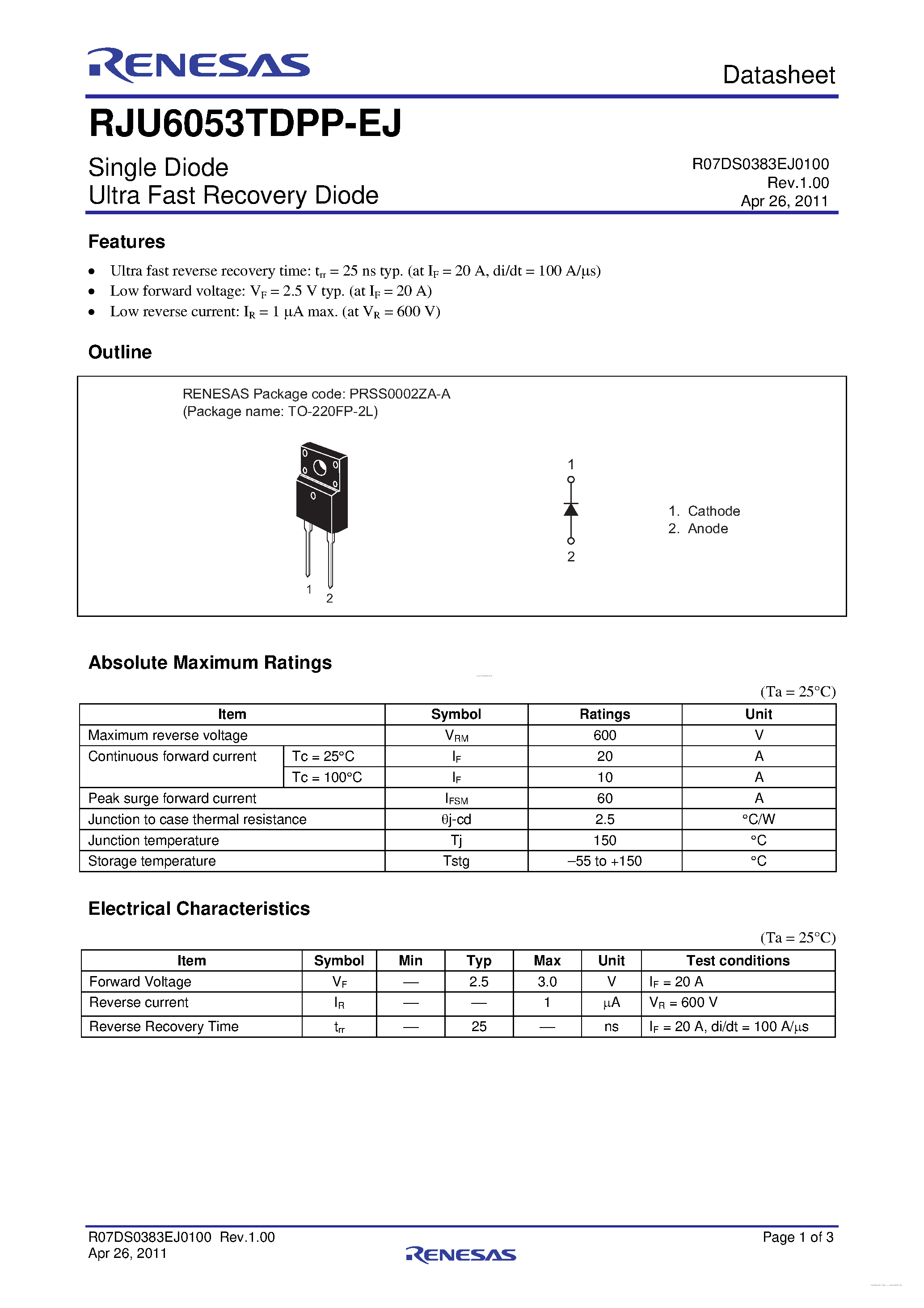 Datasheet RJU6053TDPP-EJ - Single Diode Ultra Fast Recovery Diode page 1