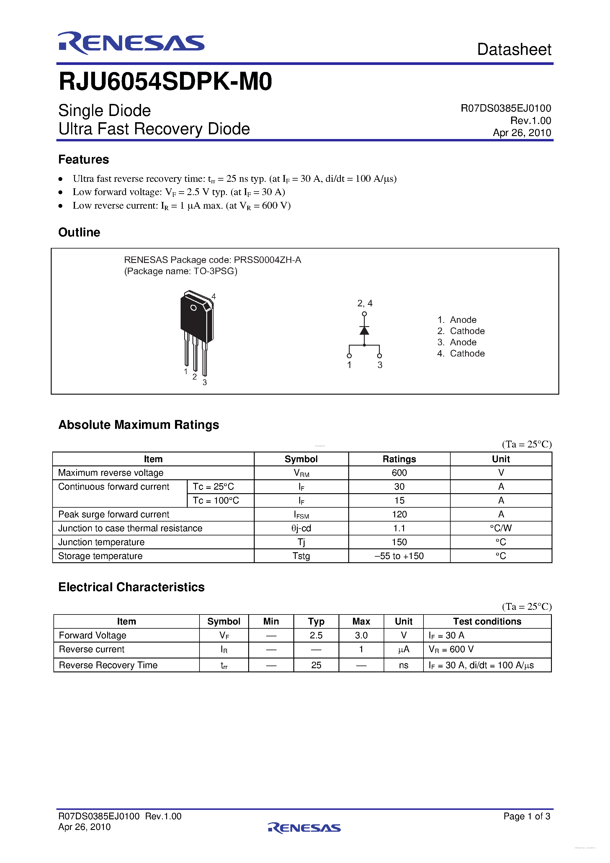Datasheet RJU6054SDPK-M0 - Single Diode Ultra Fast Recovery Diode page 1