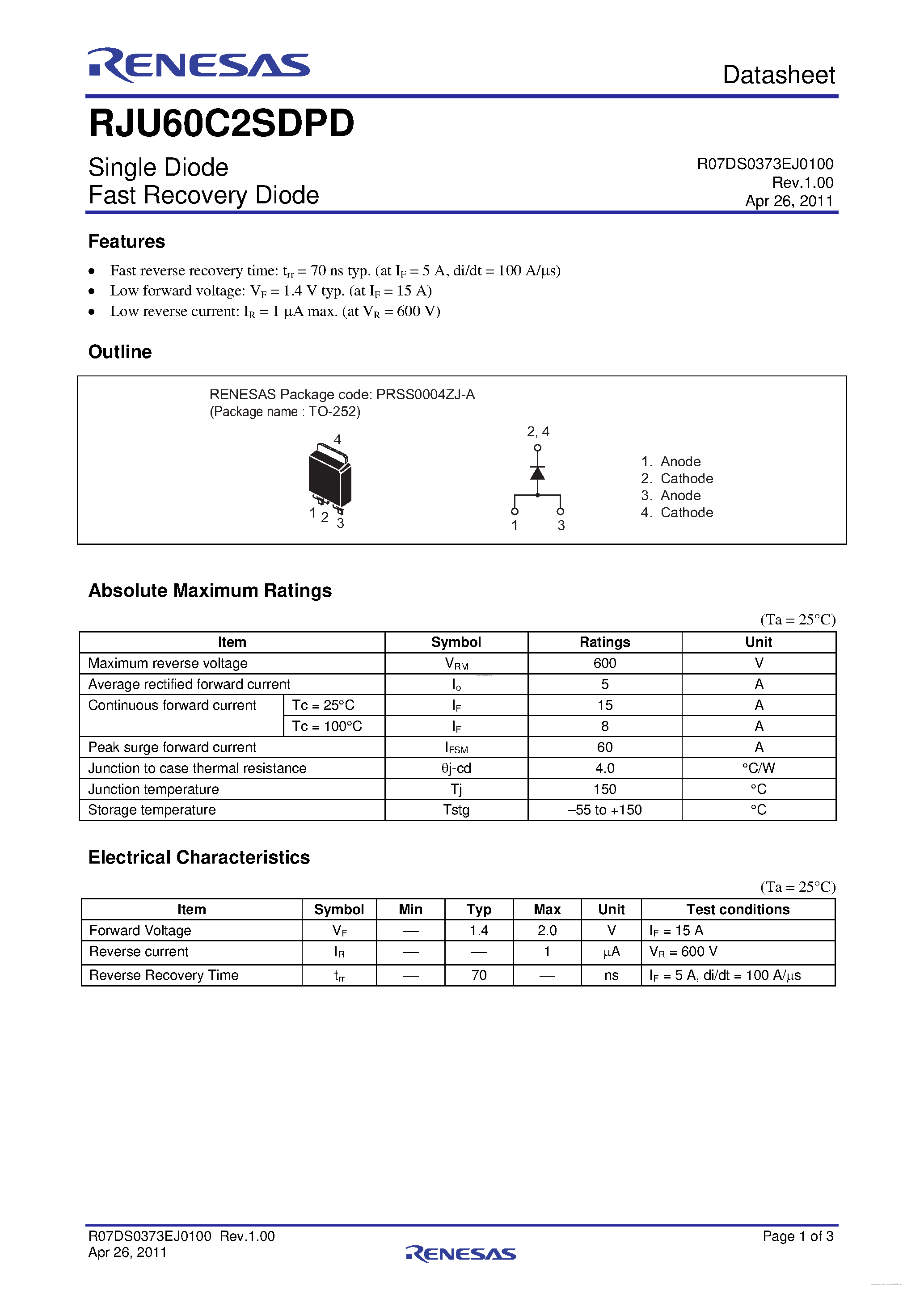 Datasheet RJU60C2SDPD - Single Diode Fast Recovery Diode page 1