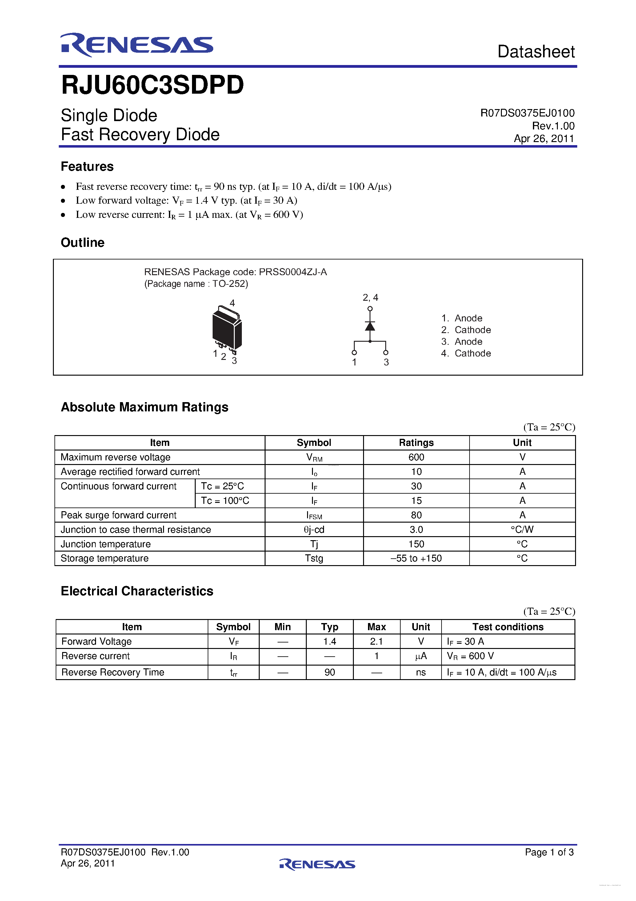 Datasheet RJU60C3SDPD - Single Diode Fast Recovery Diode page 1