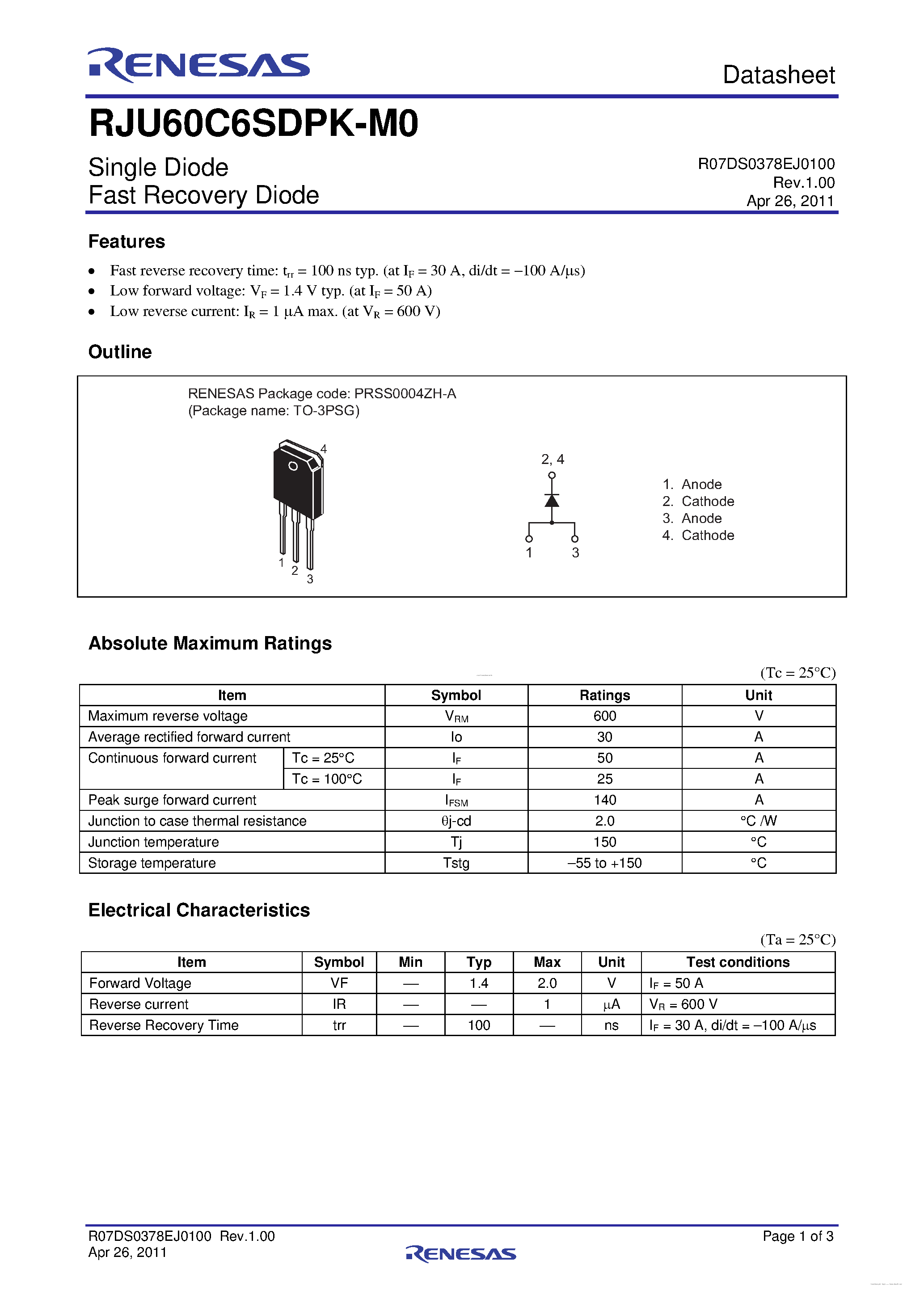 Datasheet RJU60C6SDPK-M0 - Single Diode Fast Recovery Diode page 1