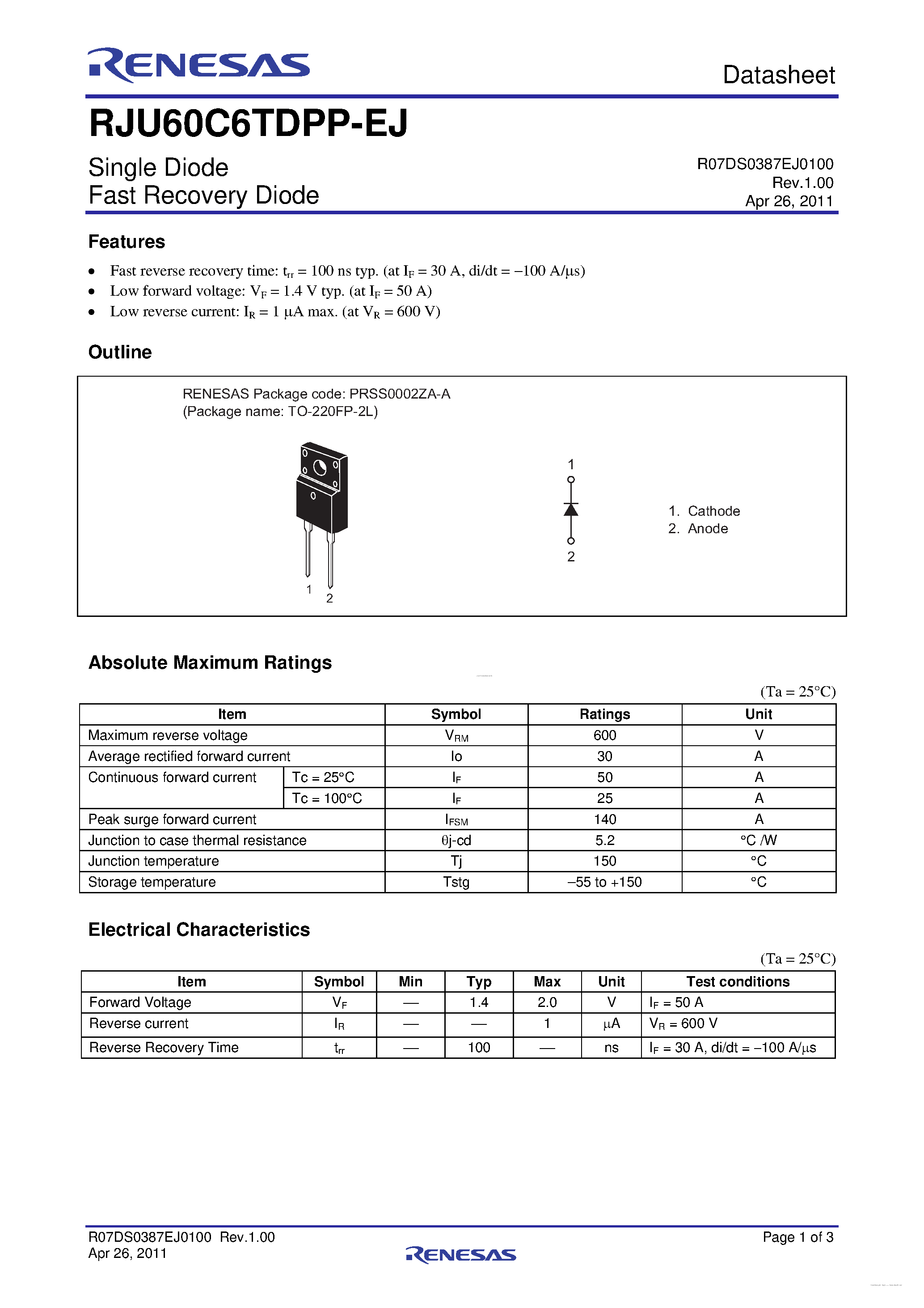 Datasheet RJU60C6TDPP-EJ - Single Diode Fast Recovery Diode page 1