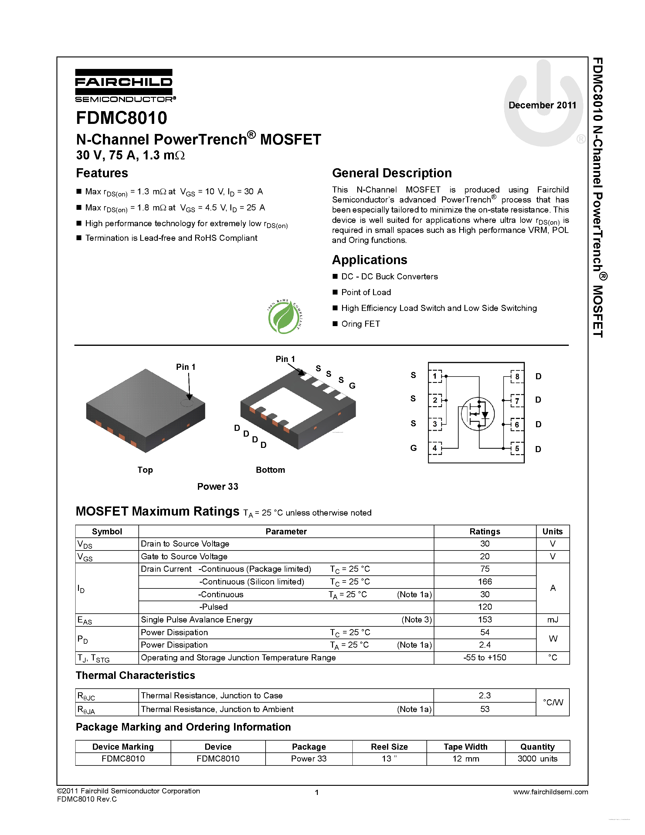 Datasheet FDMC8010 - N-Channel PowerTrench MOSFET page 1