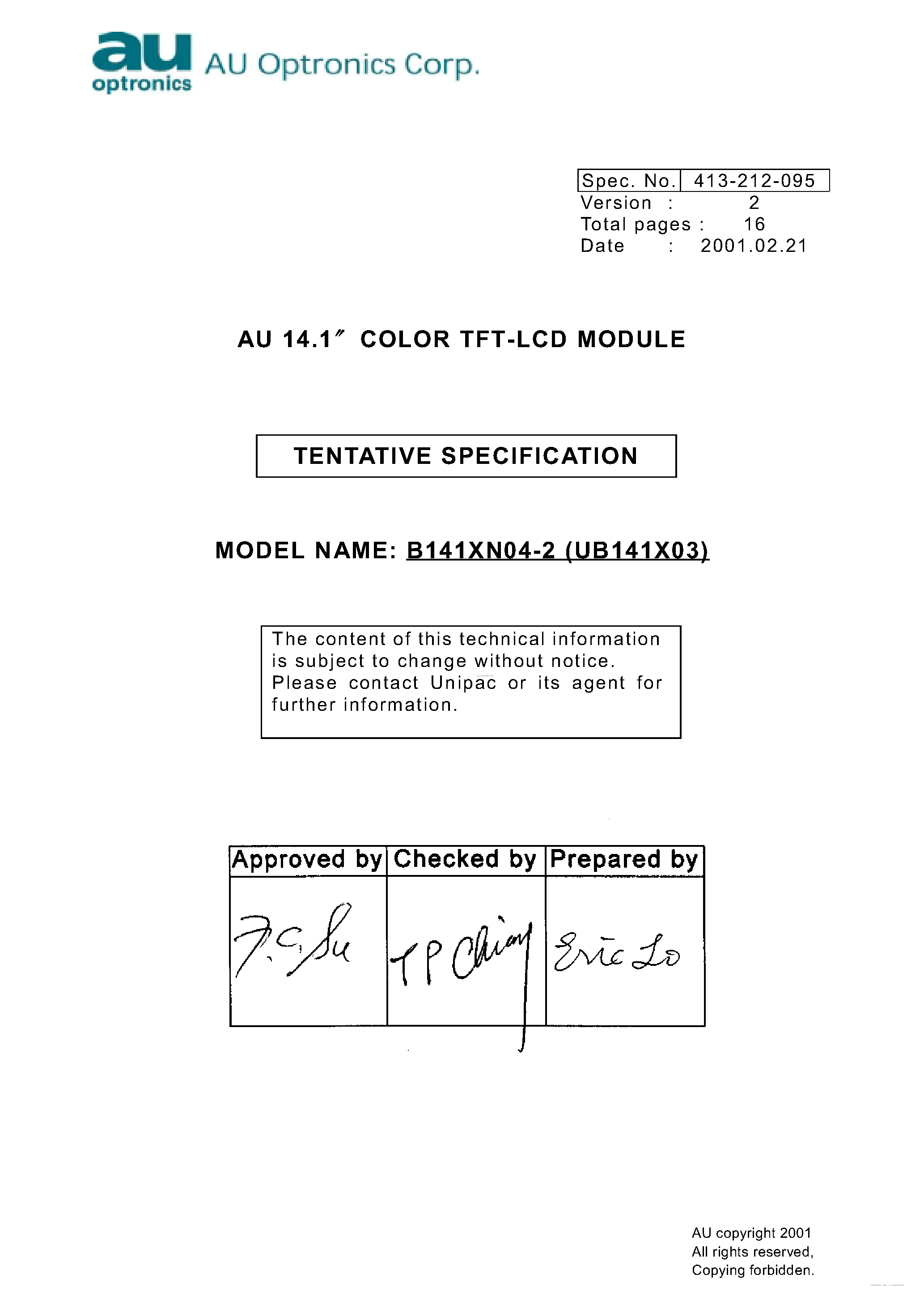 Datasheet B141XN04-2 - LCD Module page 1