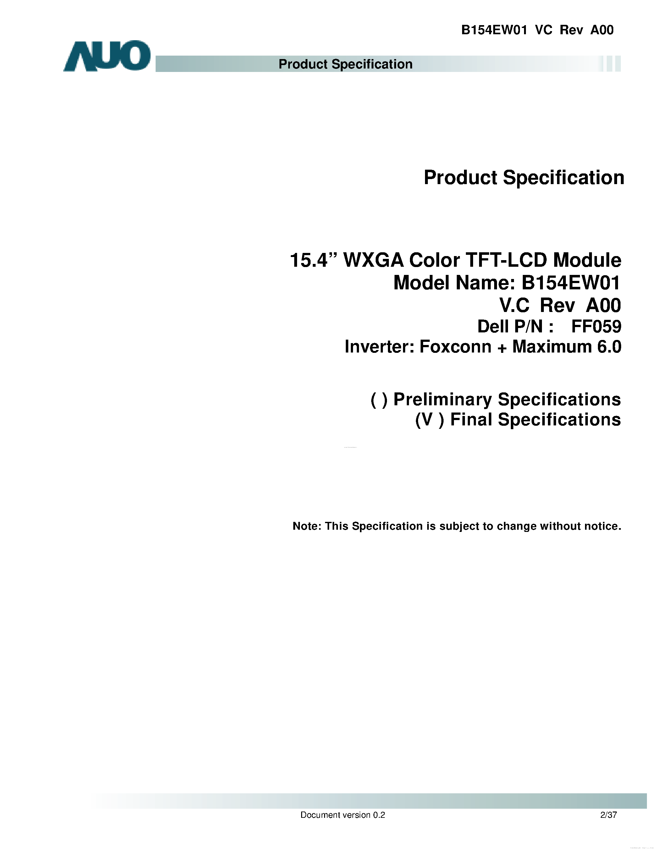Даташит на микросхему B154EW01-VC страница 2 Даташит B154EW01-VC - LCD Module страница 2
