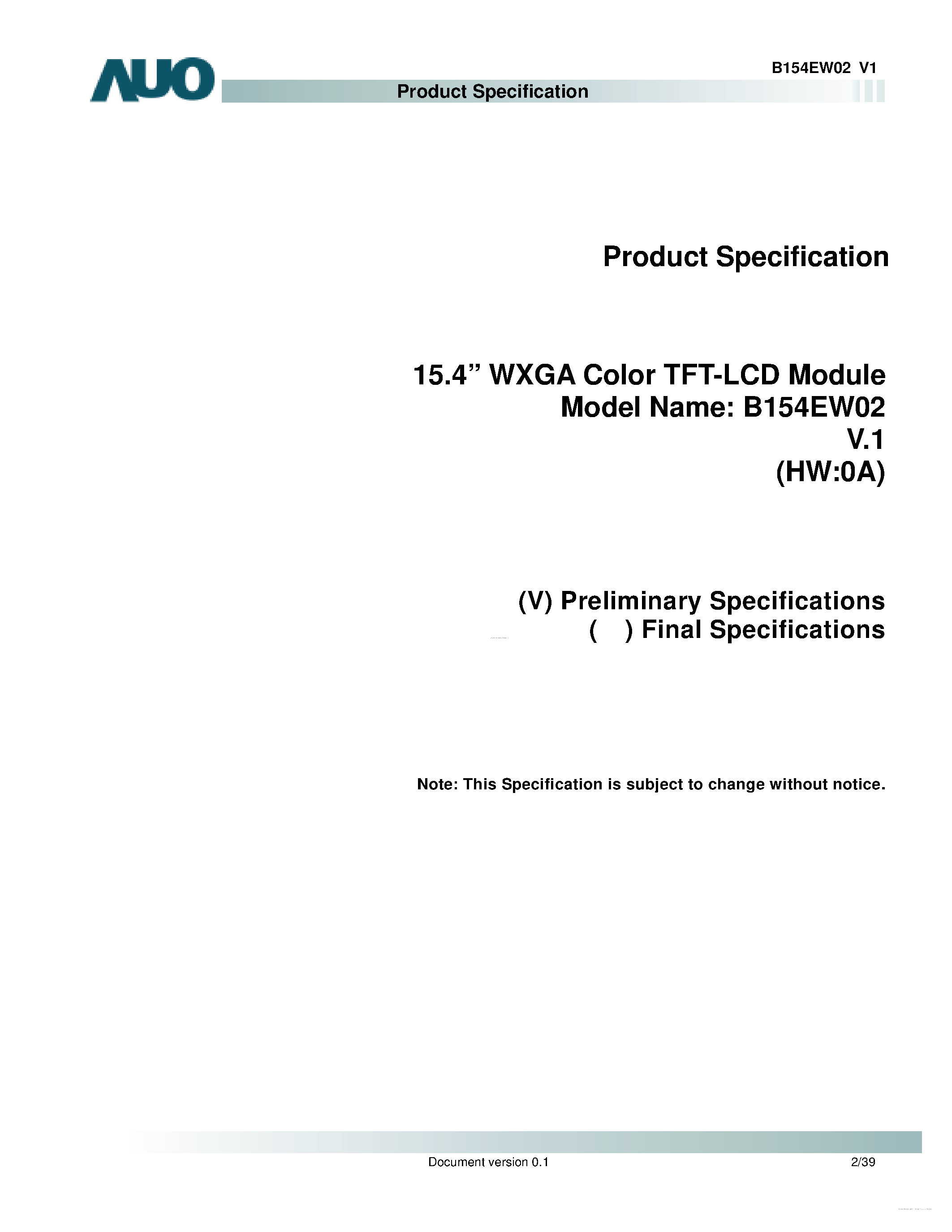 Даташит на микросхему B154EW02-V1 страница 2 Даташит B154EW02-V1 - LCD Module страница 2
