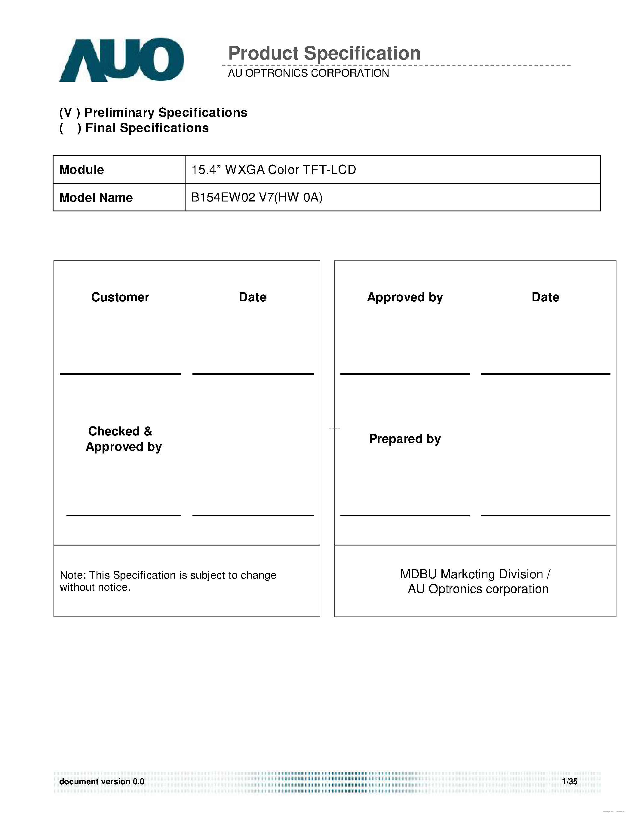 Даташит на микросхему B154EW02-V7 страница 1 Даташит B154EW02-V7 - LCD Module страница 1