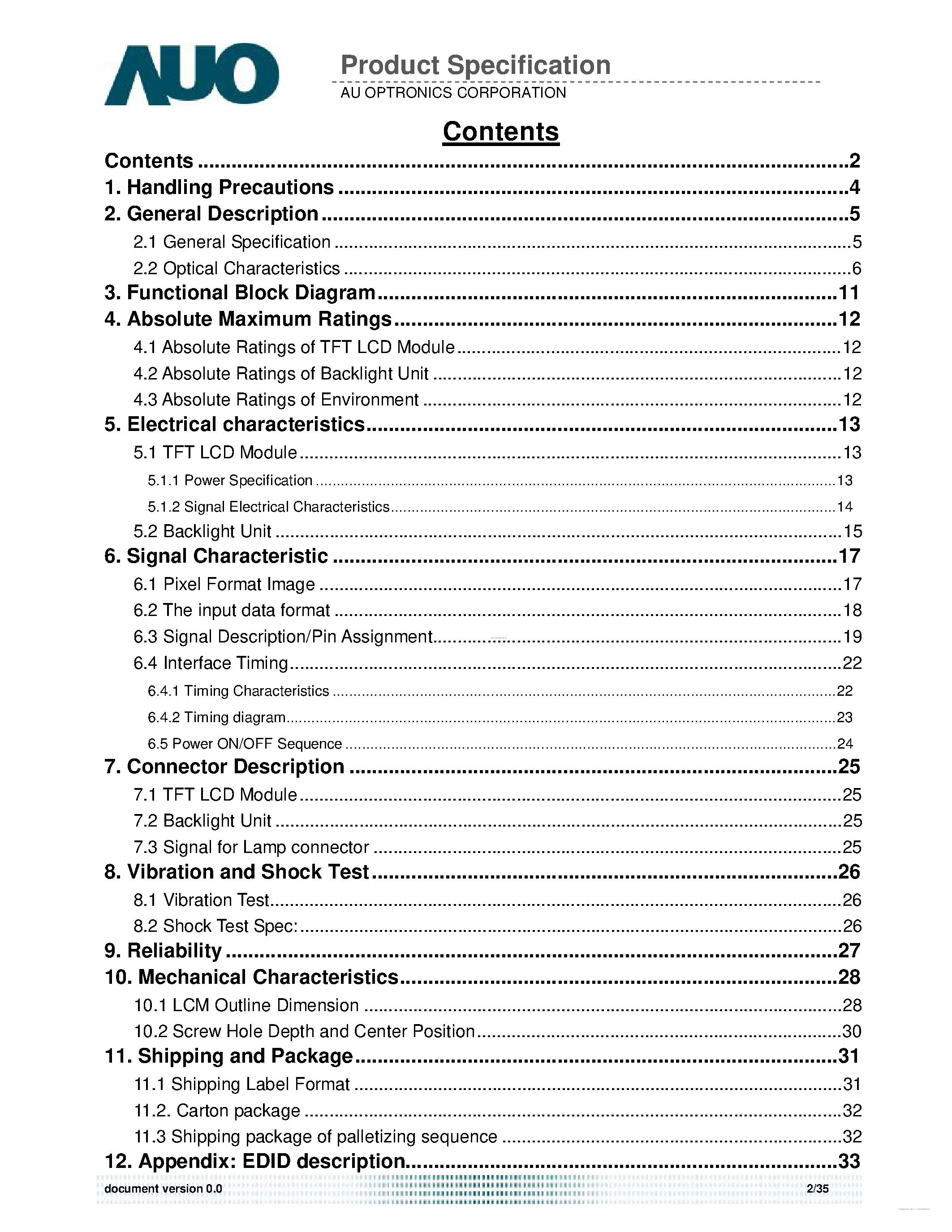 Даташит на микросхему B154EW02-V7 страница 2 Даташит B154EW02-V7 - LCD Module страница 2