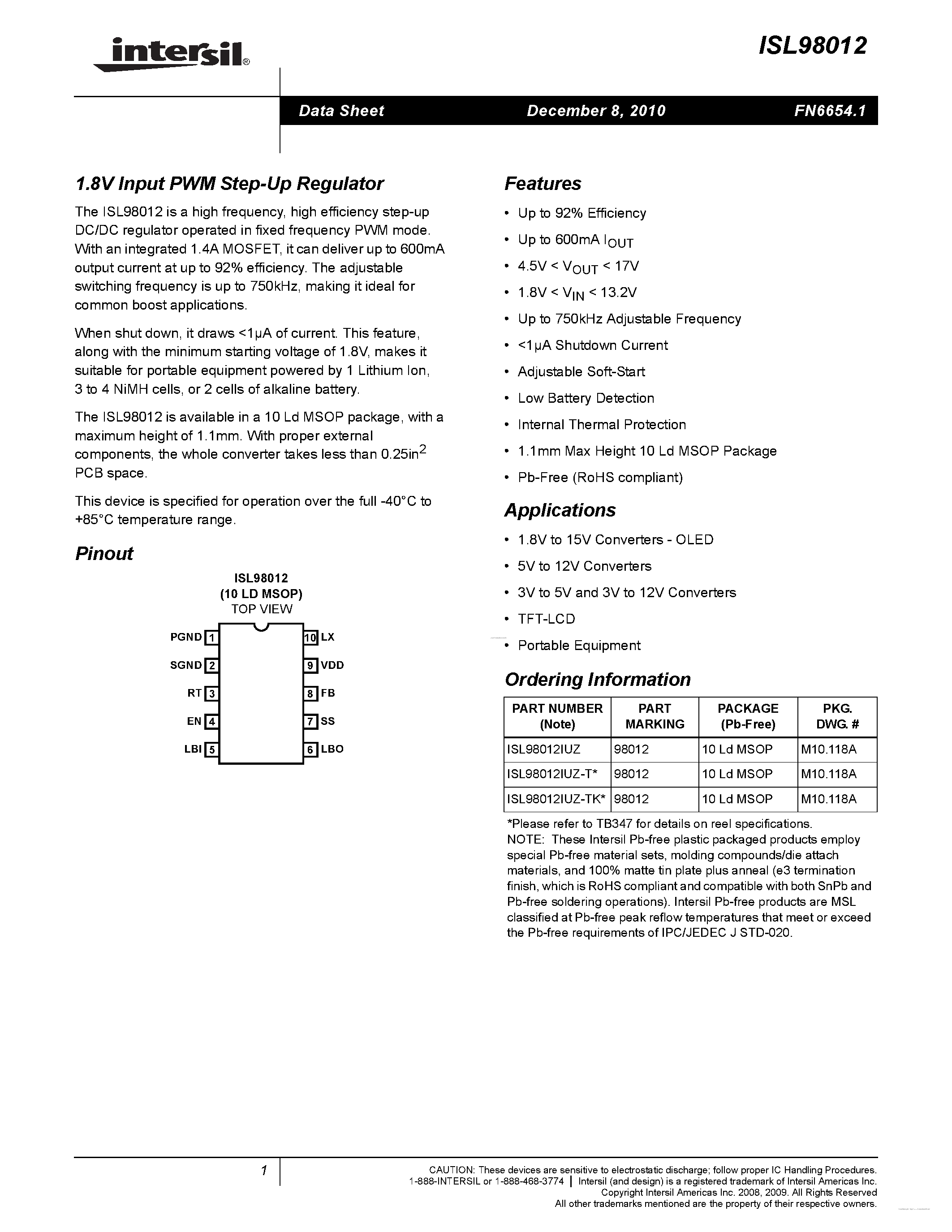 Datasheet ISL98012 - page 1