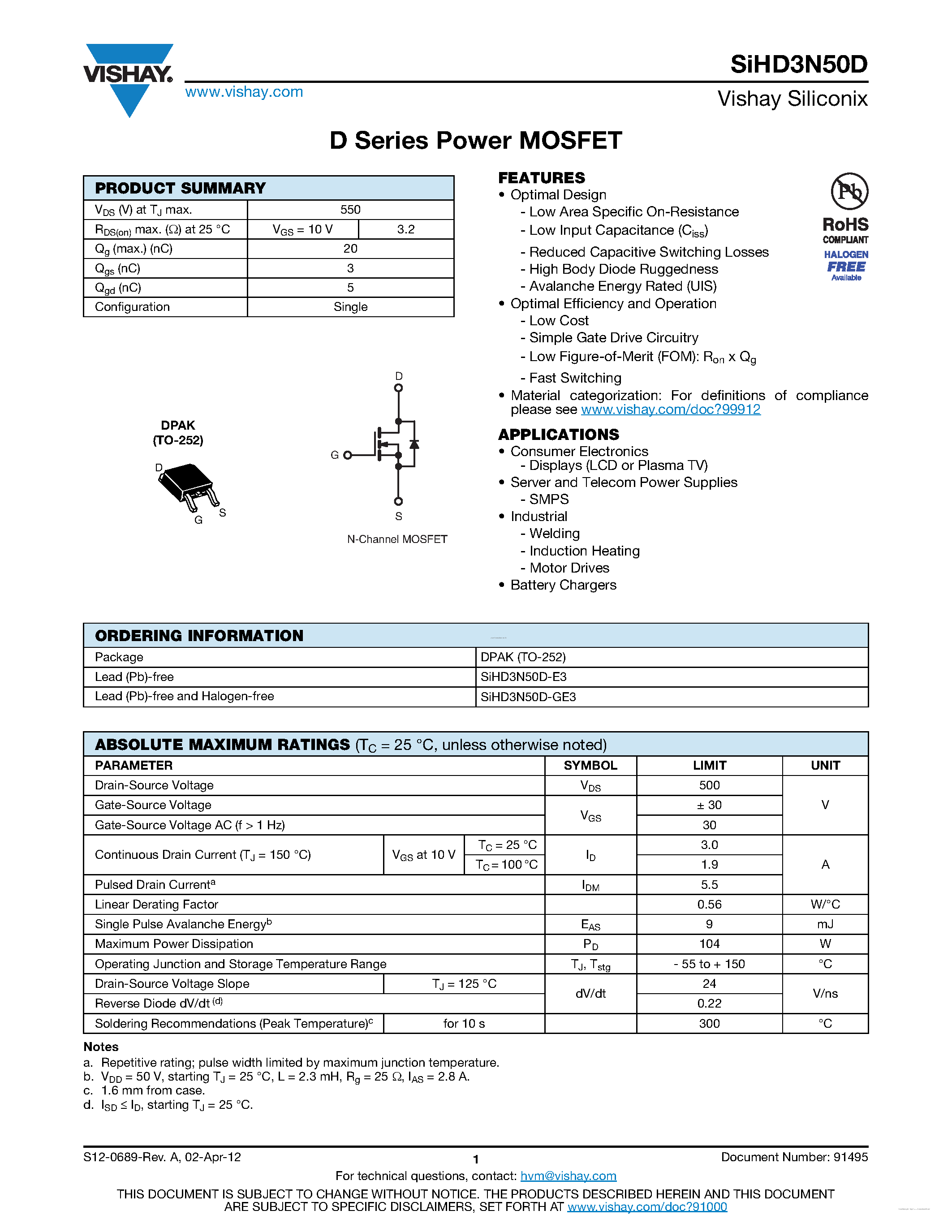 Даташит SiHD3N50D - D Series Power MOSFET страница 1