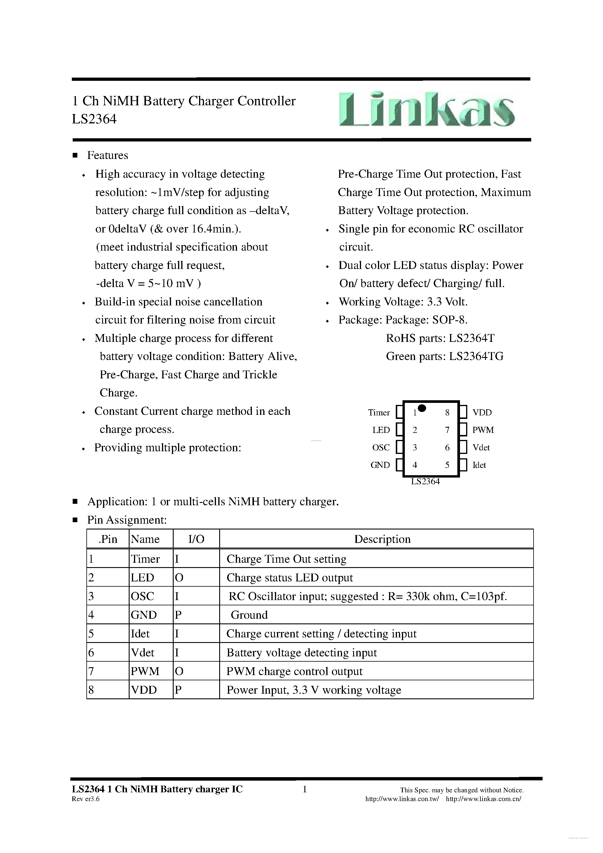 Datasheet LS2364 - 1 Ch NiMH Battery Charger Controller page 1