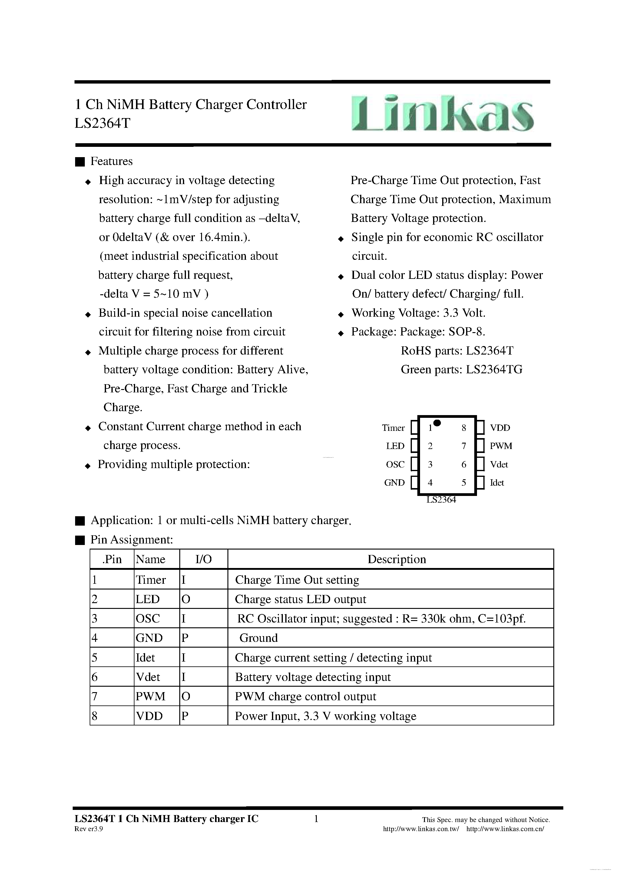 Datasheet LS2364T - 1 Ch NiMH Battery Charger Controller page 1