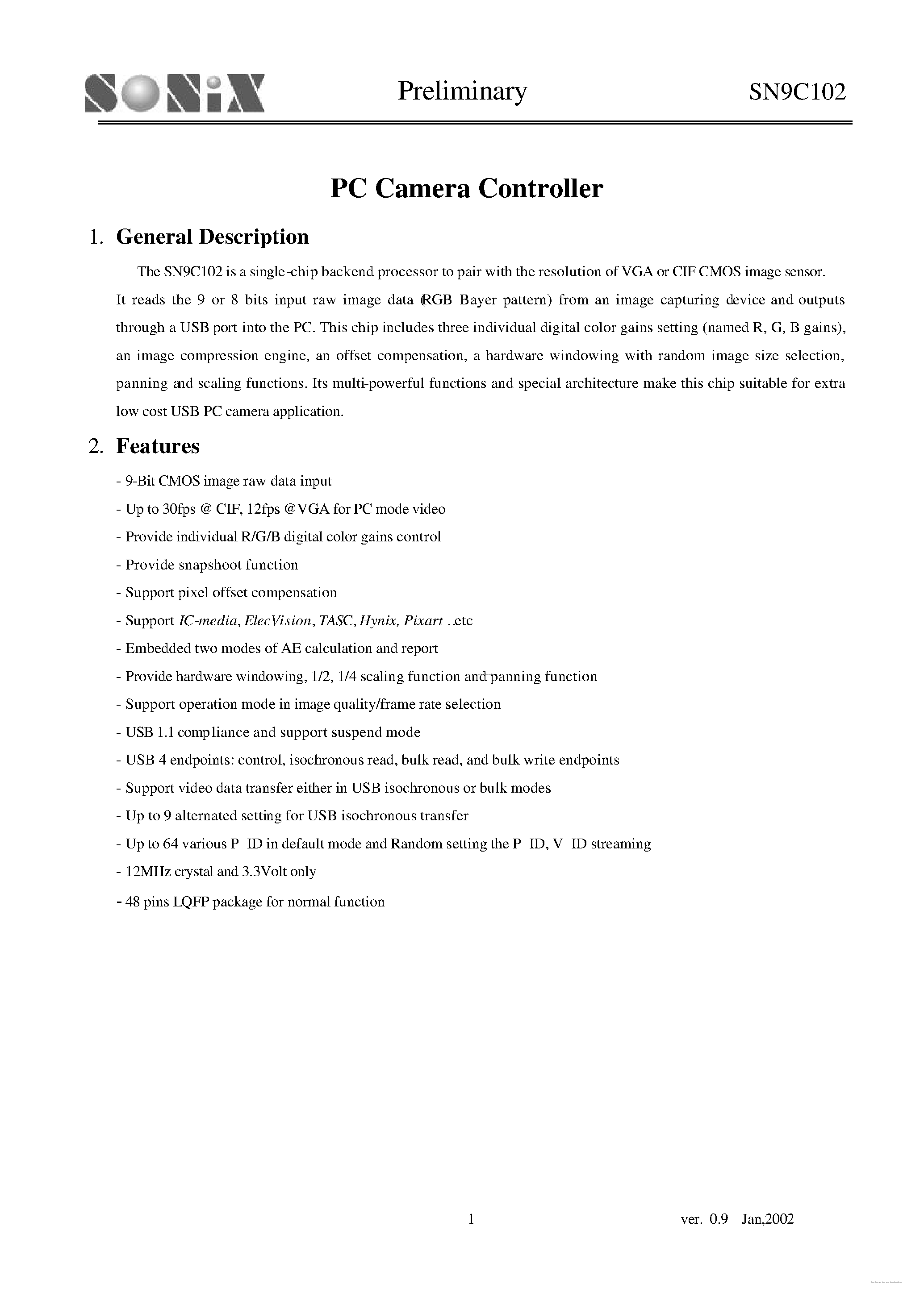 Даташит SN9C102 - PC Camera Controller страница 1