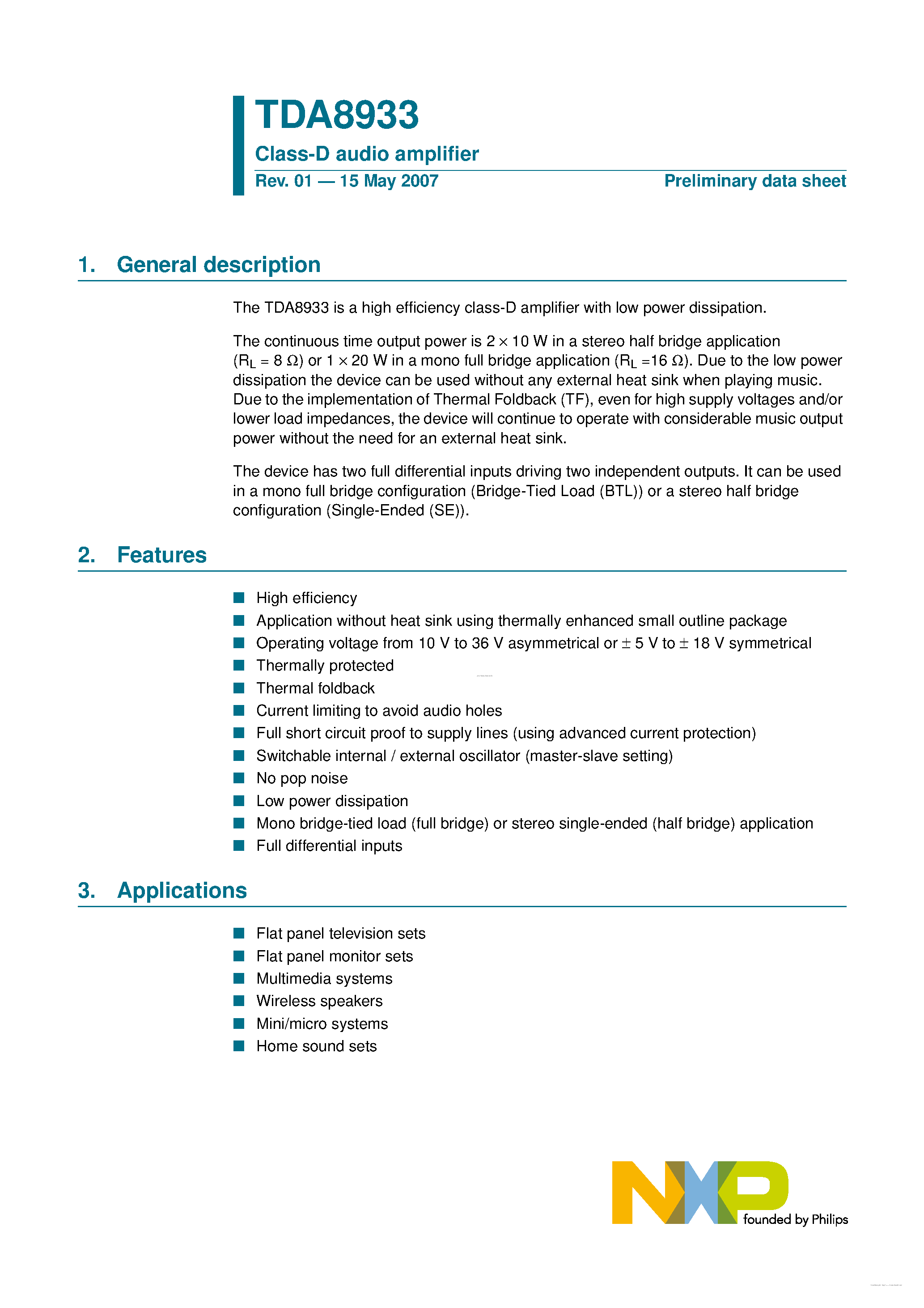 Даташит TDA8933 - Class-D audio amplifier страница 1