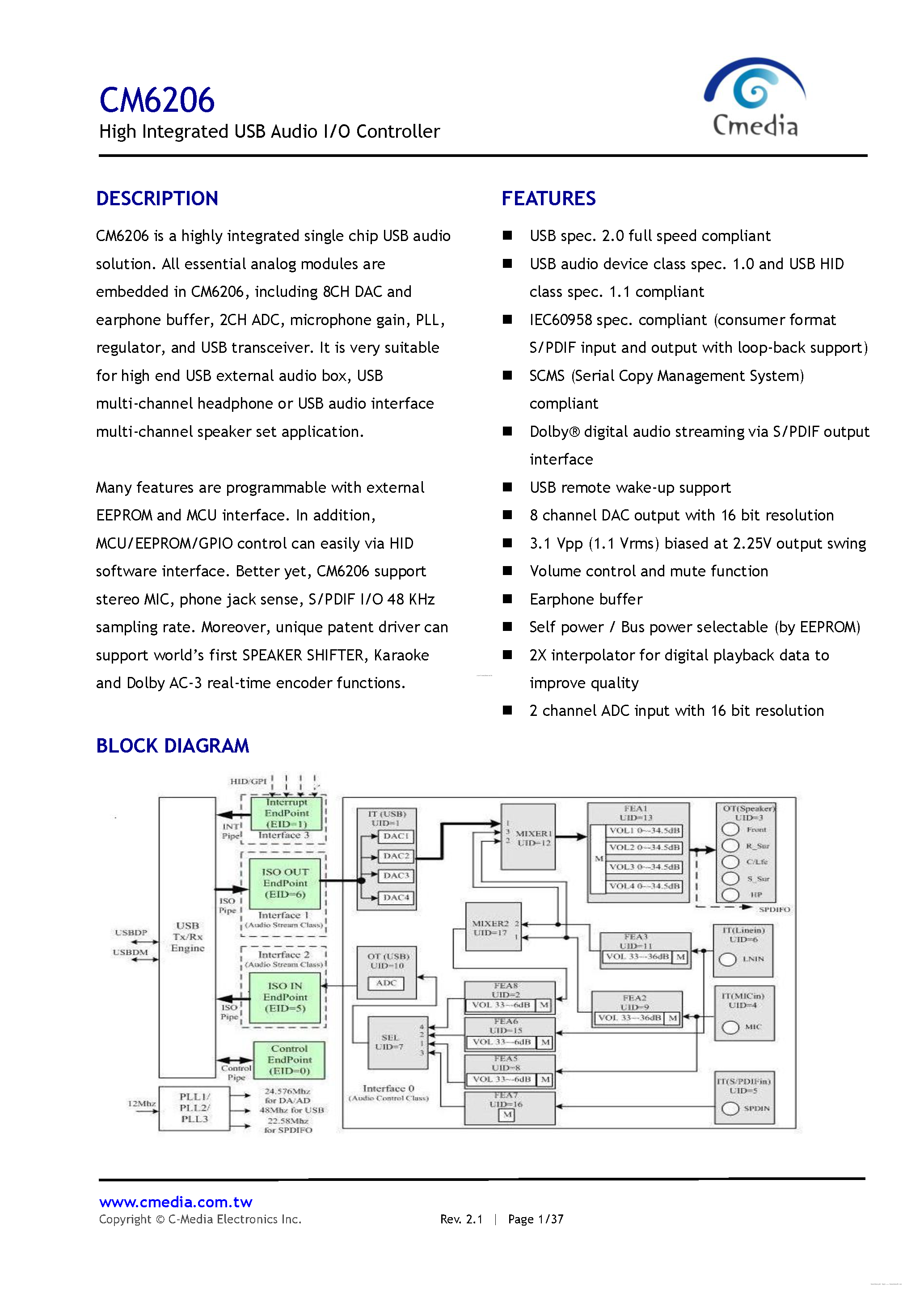 Datasheet CM6206 - USB Audio I/O Controller page 1